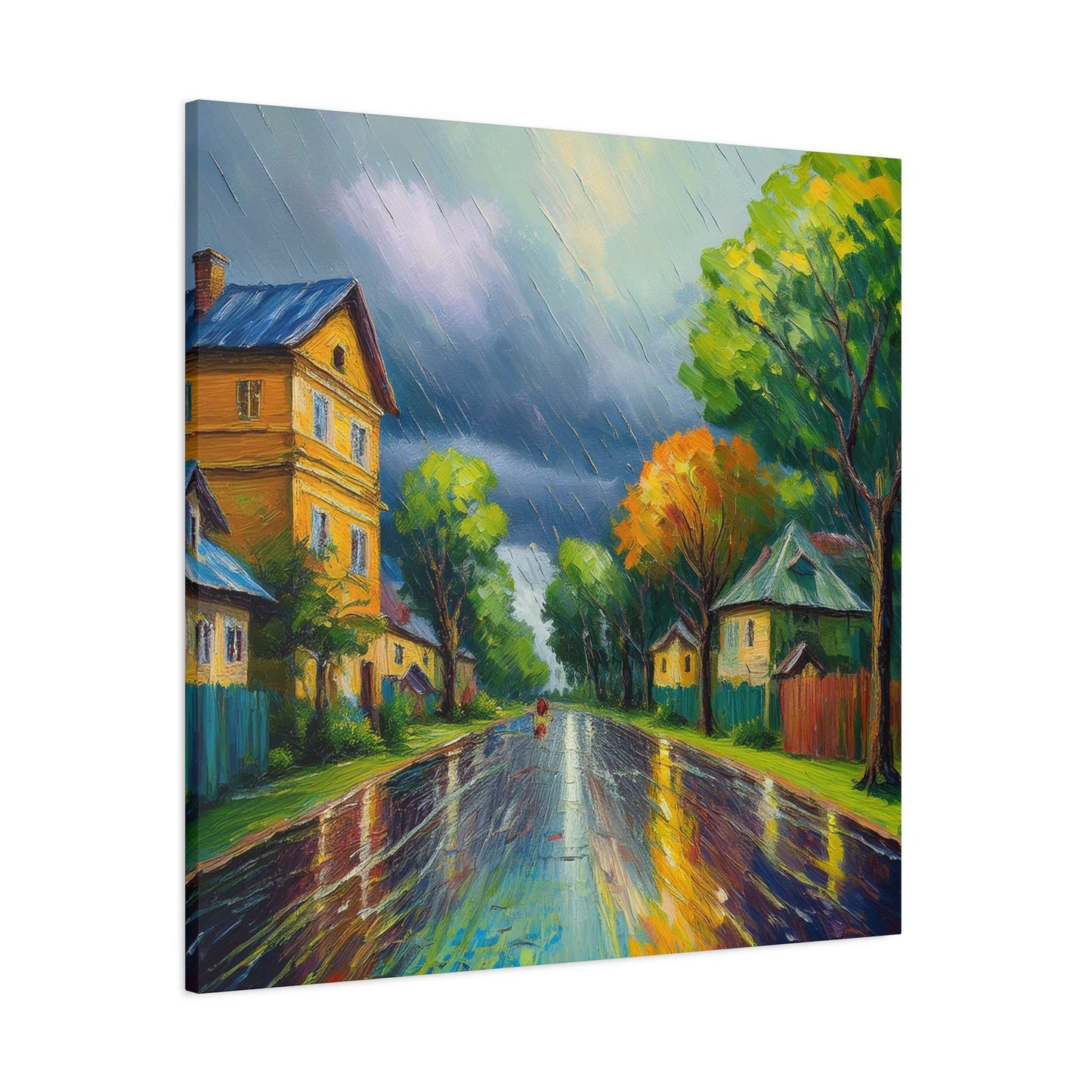 Rainy Village Street Canvas, Matte Oil Paint Print 20x20, 24x24, 30x30, 32x32, 36x36, Art Design Print Non-Frame MC-1