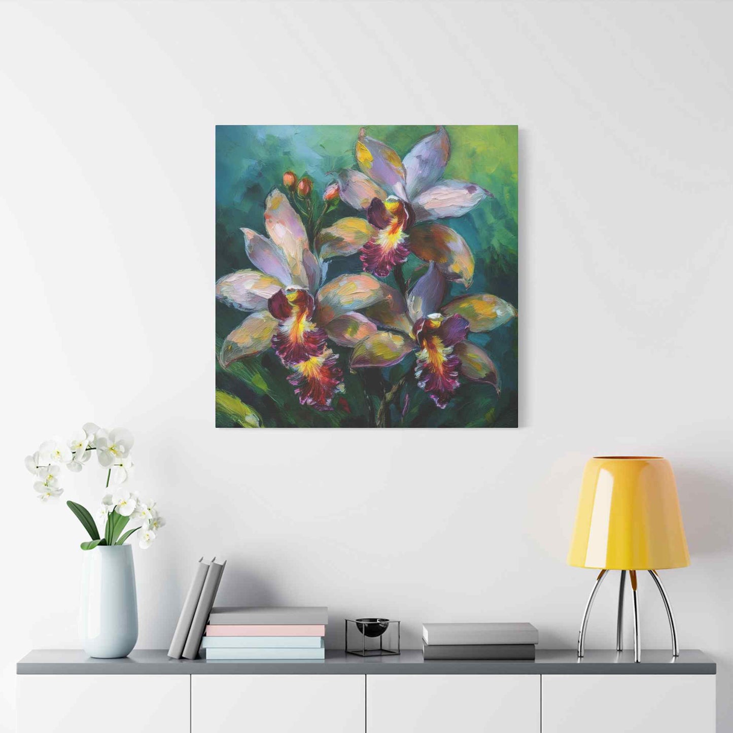 Blue Orchids Print Canvas, Floral Oil Paint Print 20x20, 24x24, 30x30, 32x32, 36x36 Art Design Pine-Wood Inner Frame MC-134
