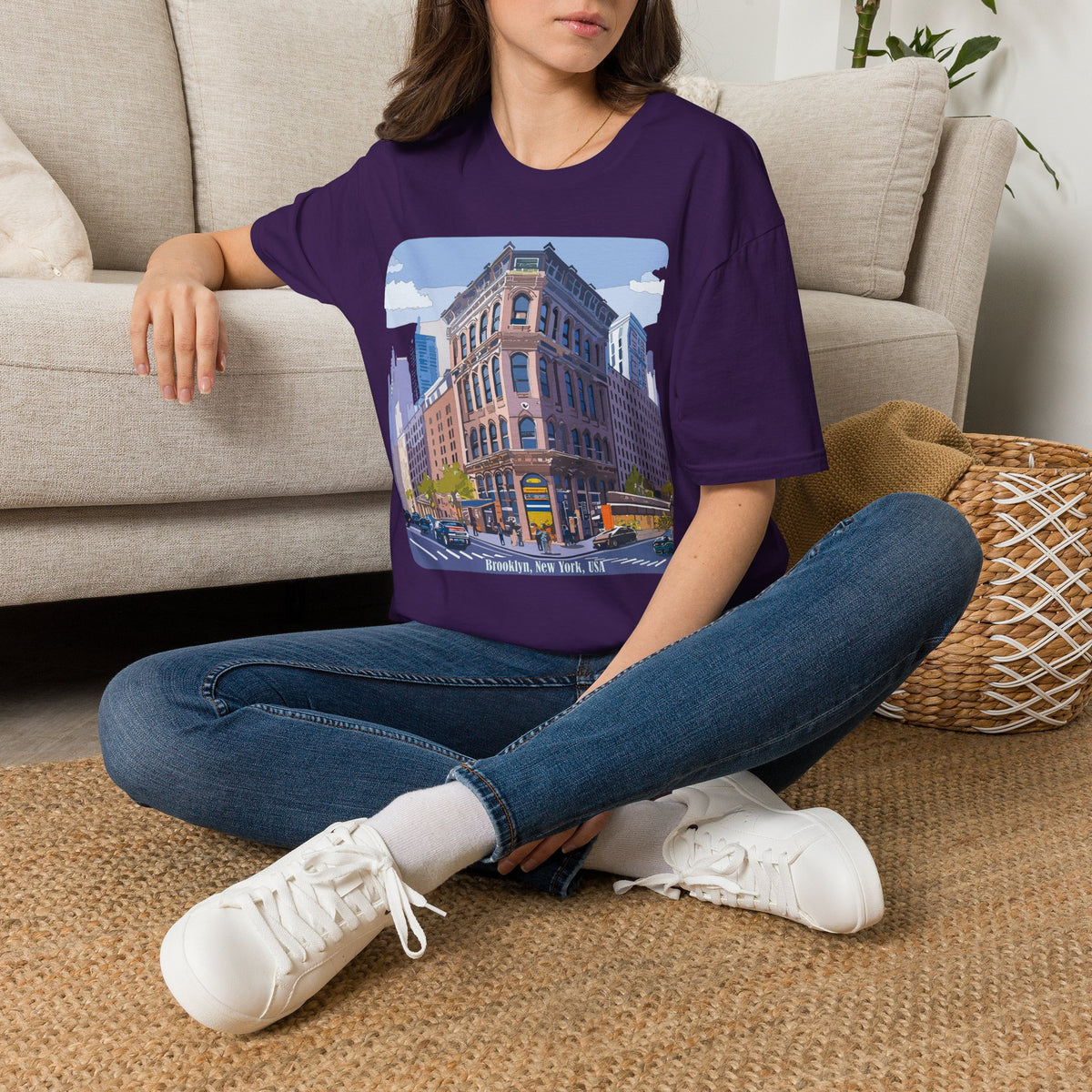 Brooklyn New York Retro Cityscape T-Shirt — Illustrated Landmark Tee Travel Tourist Graphic Design Unisex 100 Cotton Gildan T-Shirt