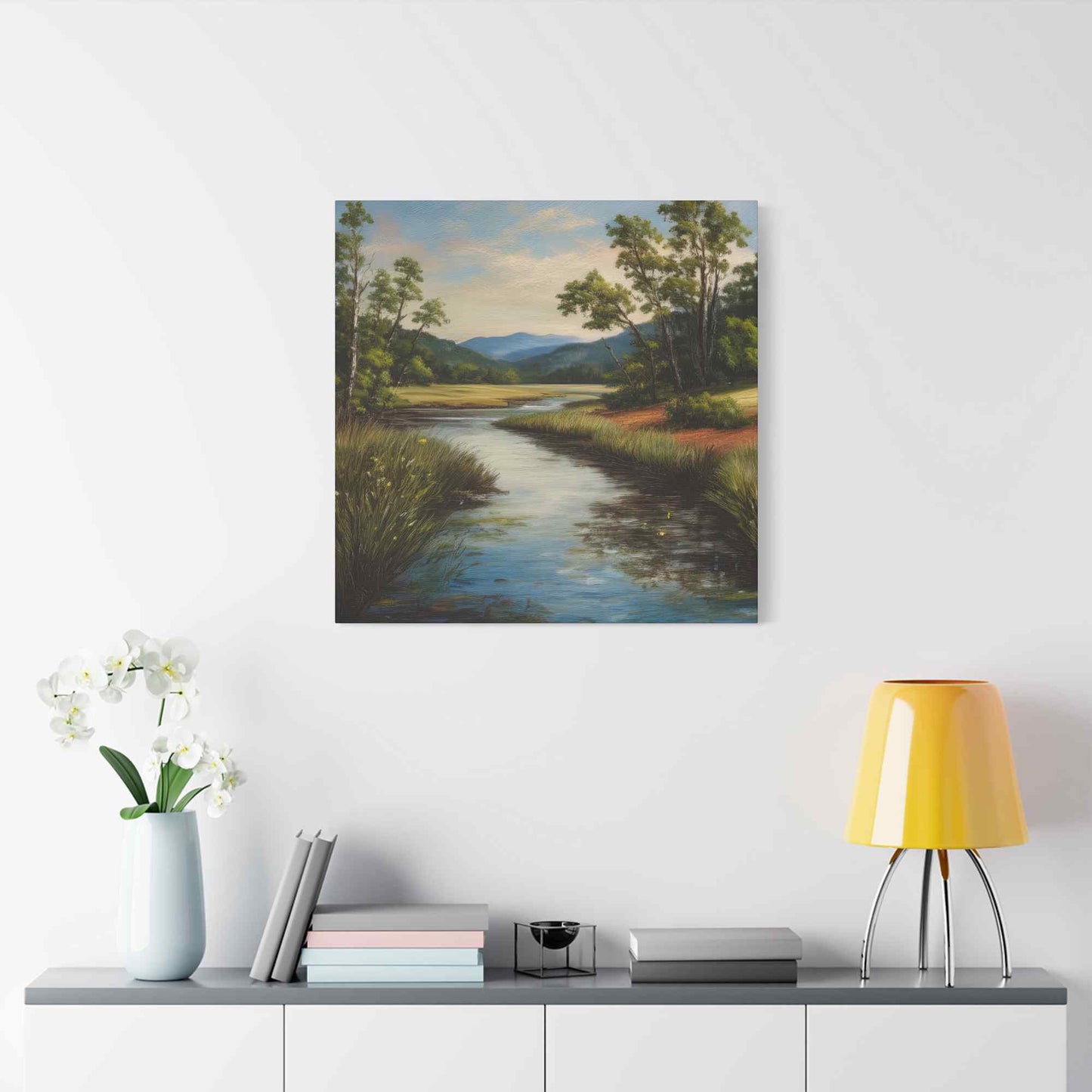 River Print Canvas, Landscape Oil Paint Print 20x20, 24x24, 30x30, 32x32, 36x36 Art Design Print Pine-Wood Inner Frame MC-50