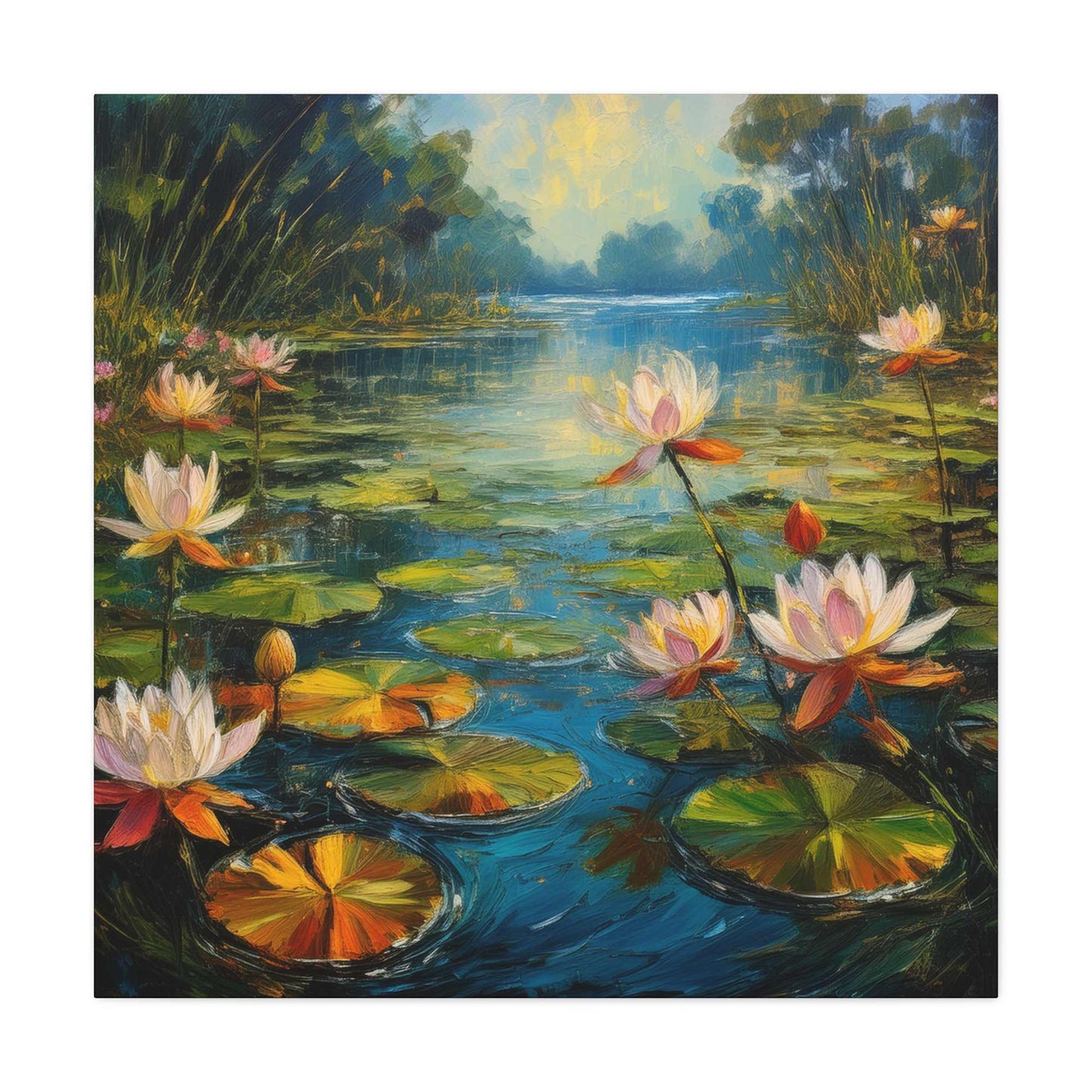 Water Lilies Print Canvas, Oil Paint Print 20x20, 24x24, 30x30, 32x32, 36x36 Art Design Print Pine-Wood Inner Frame MC-62