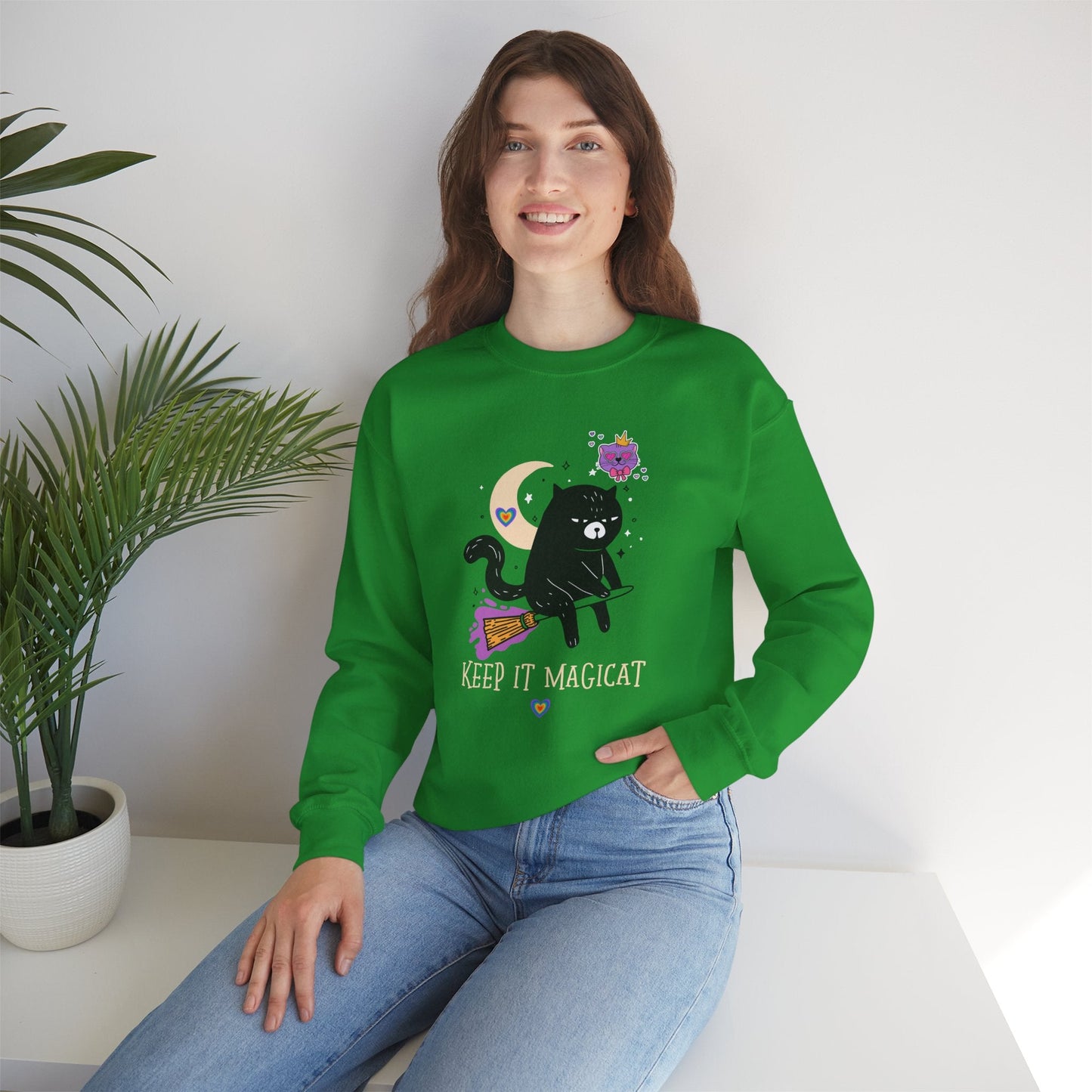 Flying Cat Heart Sweatshirt Unisex Fifty Fifty Cotton Poly Crewneck Gildan 18000 Valentines Day