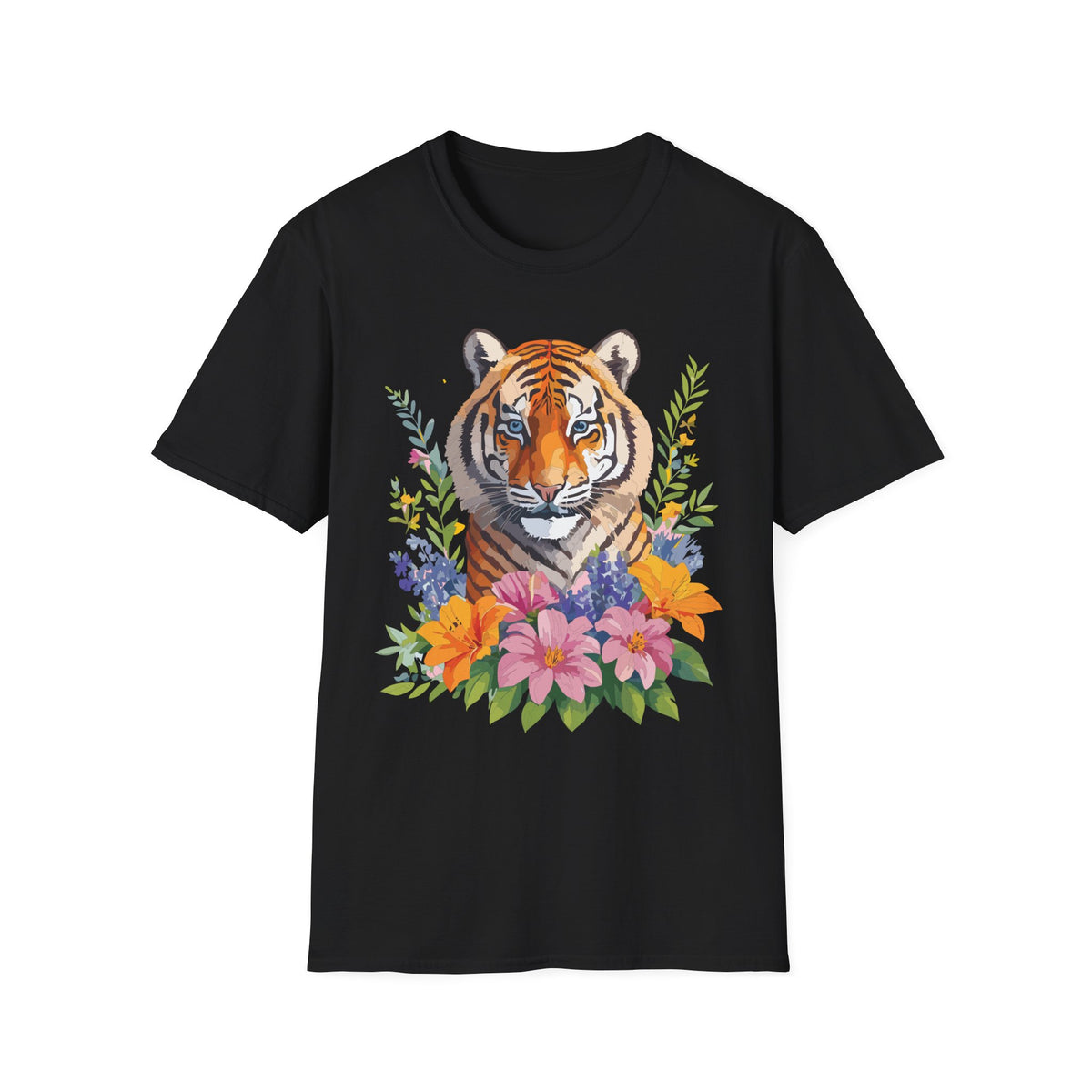 Floral Tiger Illustration T-Shirt | Tiger Face with Flowers