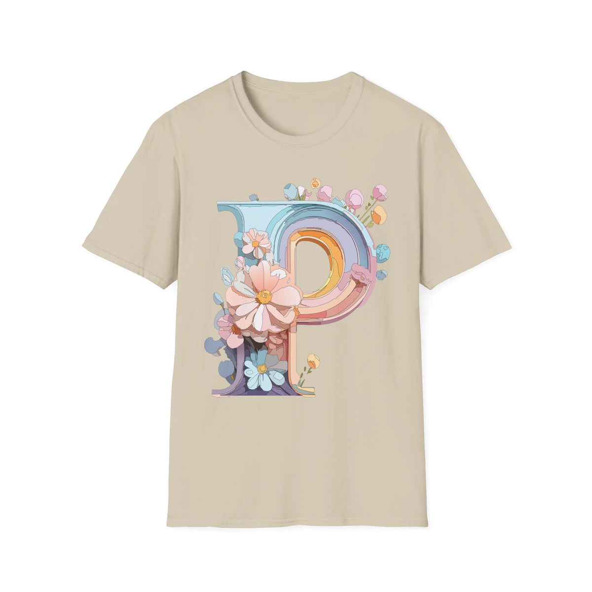 Floral Letter P T-Shirt | Pastel Rainbow Monogram Tee