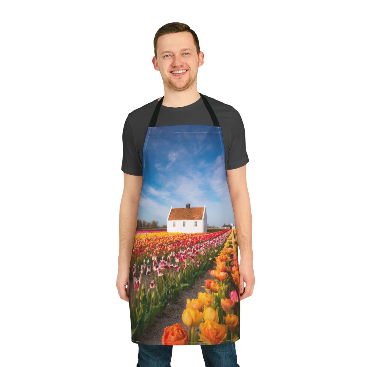 Tulip Field Cottage Apron — Floral Kitchen Apron with Colorful Spring Tulips Stain-Resistant - Art Print Canvas Apron