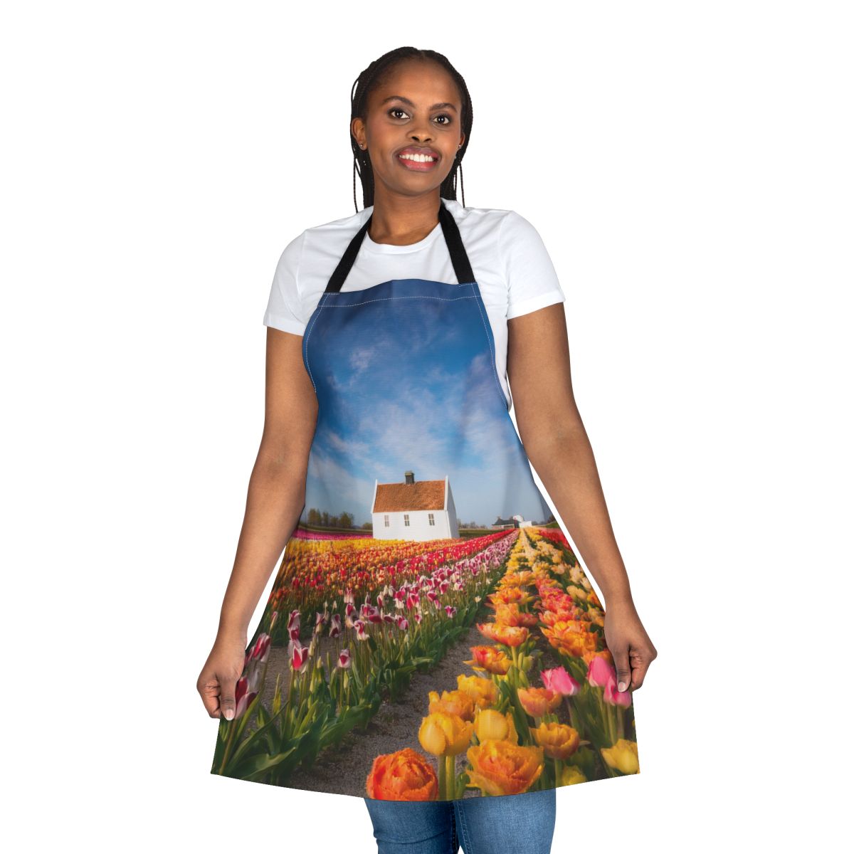 Tulip Field Cottage Apron — Floral Kitchen Apron with Colorful Spring Tulips Stain-Resistant - Art Print Canvas Apron
