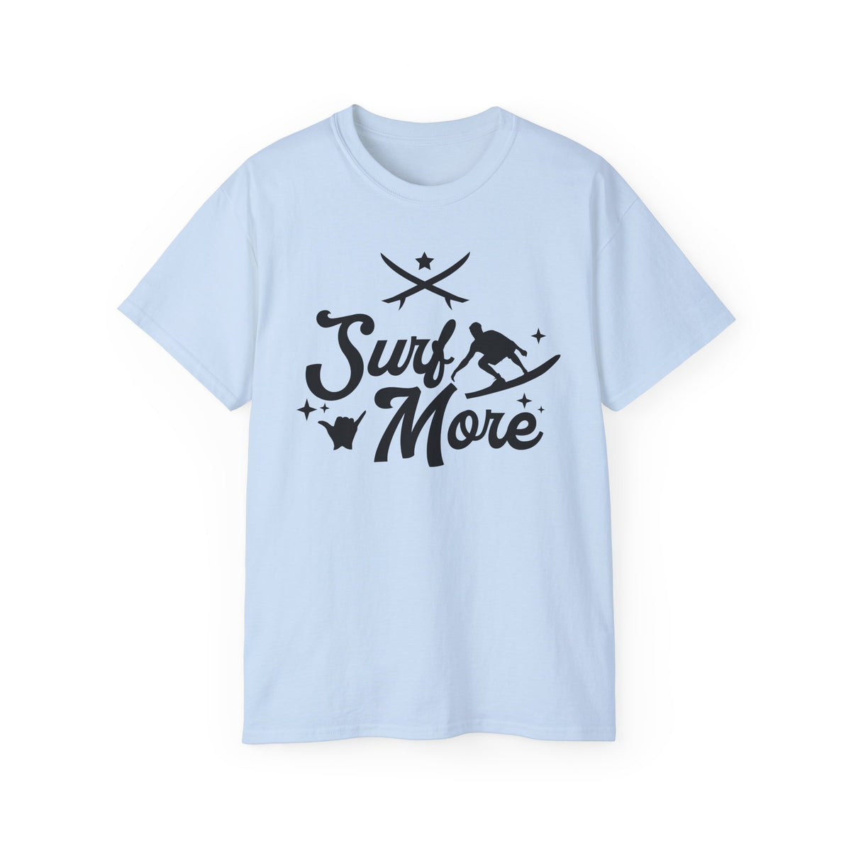 Surf More surfboard graphic Tee | surfer silhouette, waves, retro script
