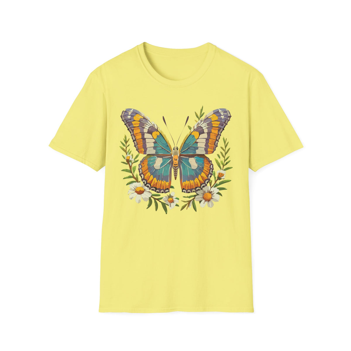 Teal Orange Butterfly T-Shirt | Floral Butterfly Illustration Graphic Tee Unisex 100 Cotton Gildan T-Shirt
