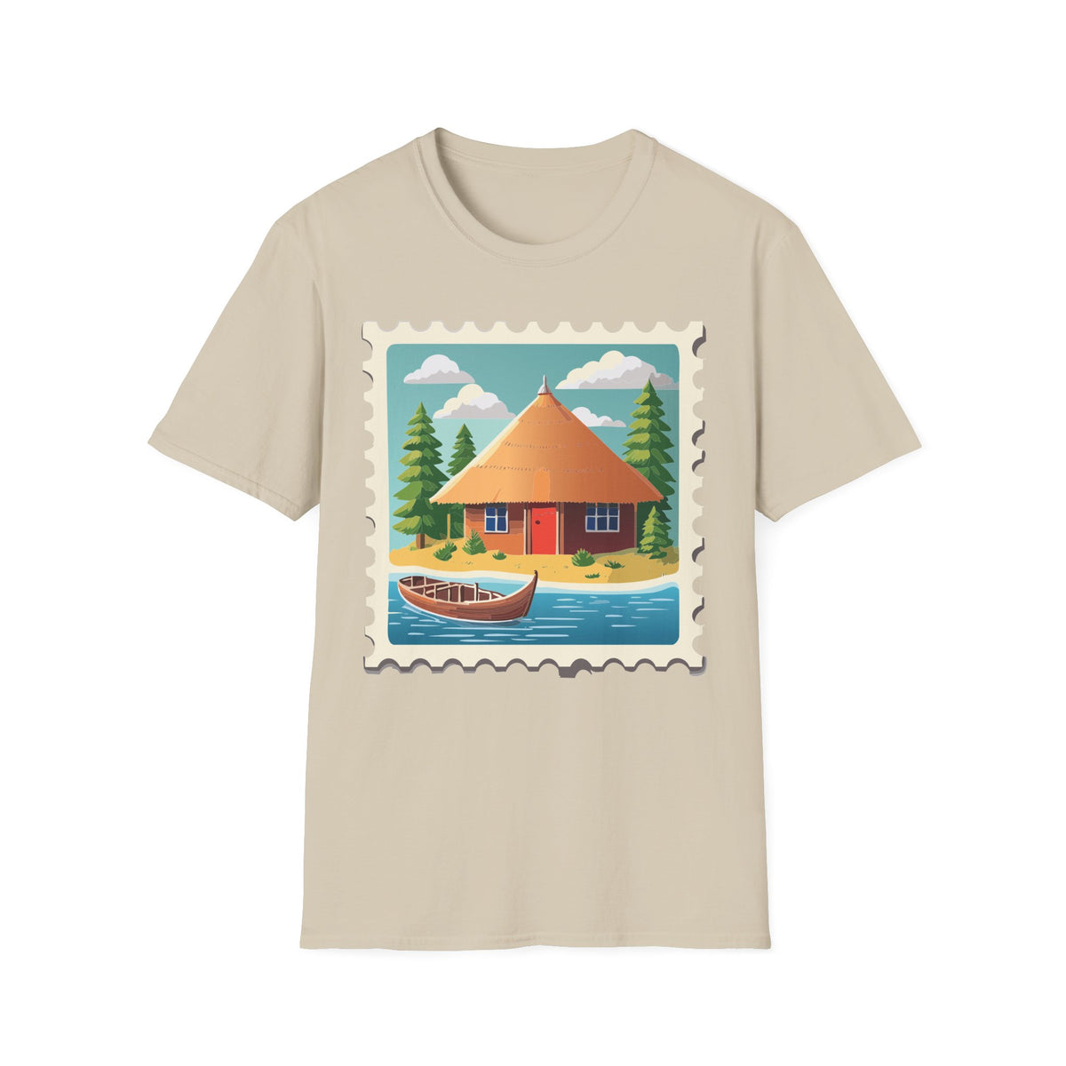 Cozy Lakeside Cottage Illustration T-Shirt | Retro Stamp Artwork