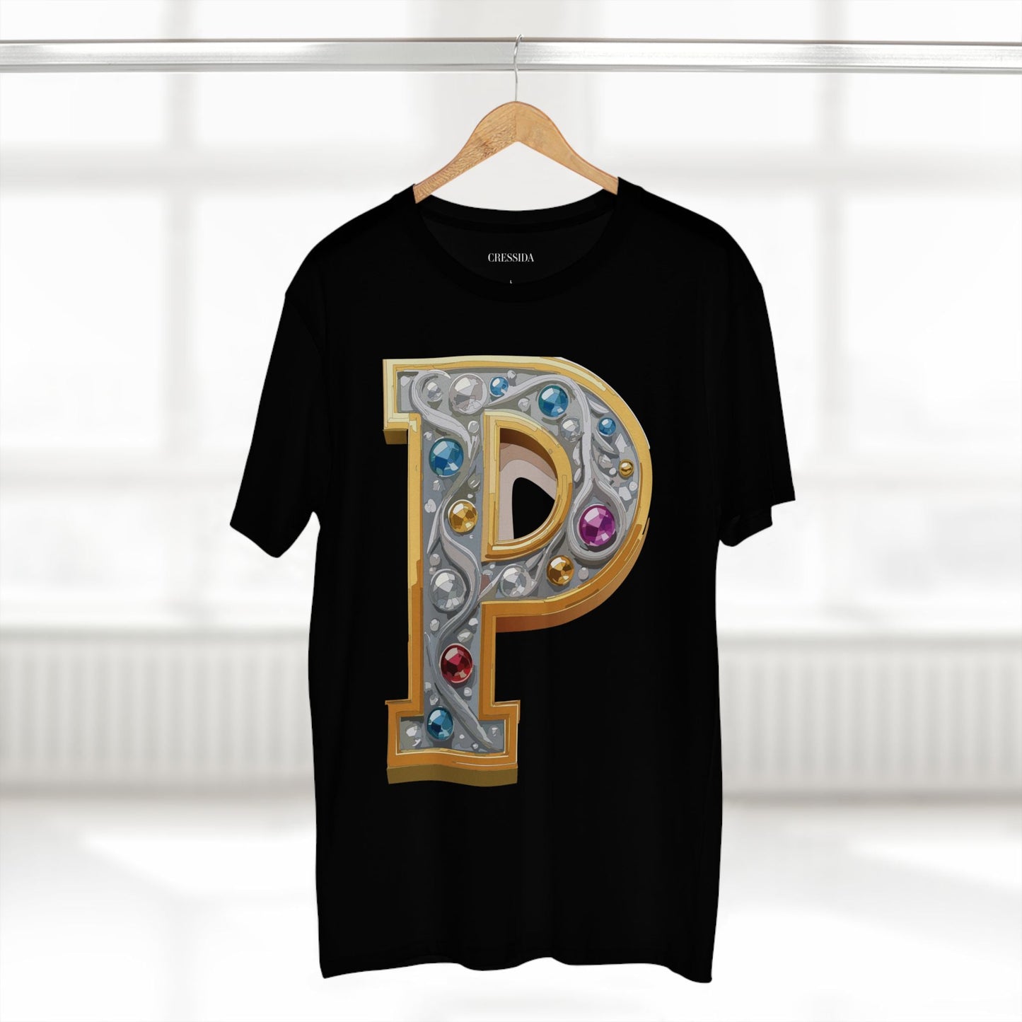 Letter P Graphic Design Tee Unisex 100 Cotton With Antique Gold Letters Artwork T-Shirt