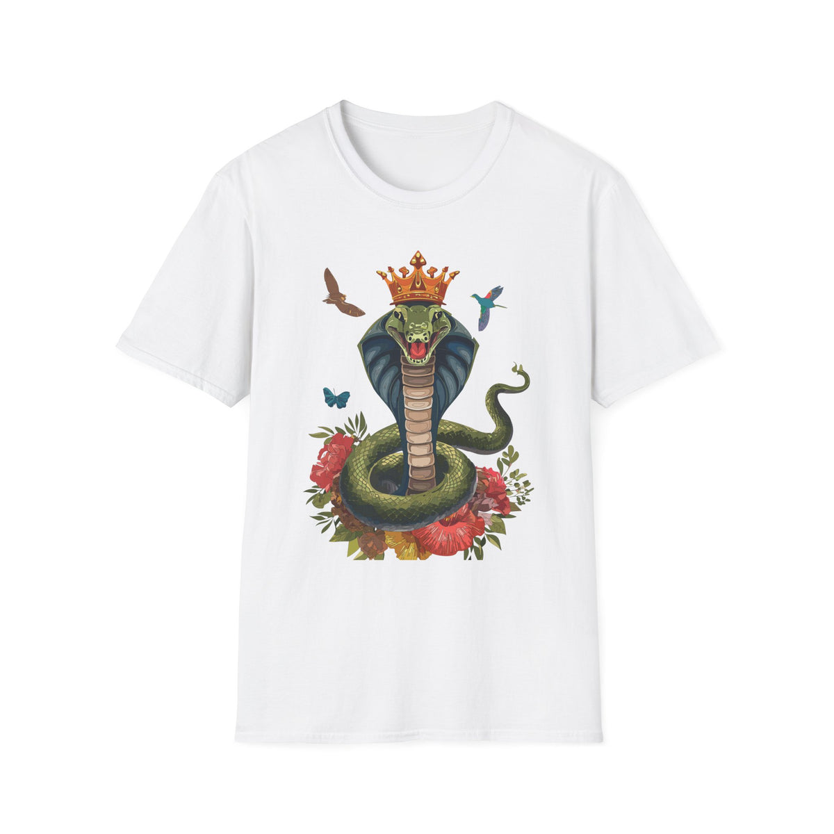 Crowned King Cobra Shirt | Snake Illustration, Floral Accents, Wildlife