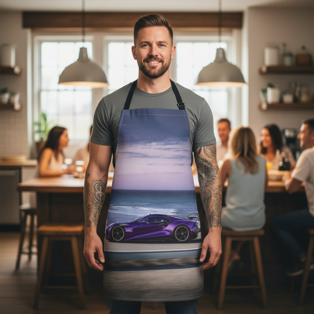 Beachside Supercar Apron — Purple Sports Car Sunset Print Stain-Resistant - Art Print Canvas Apron