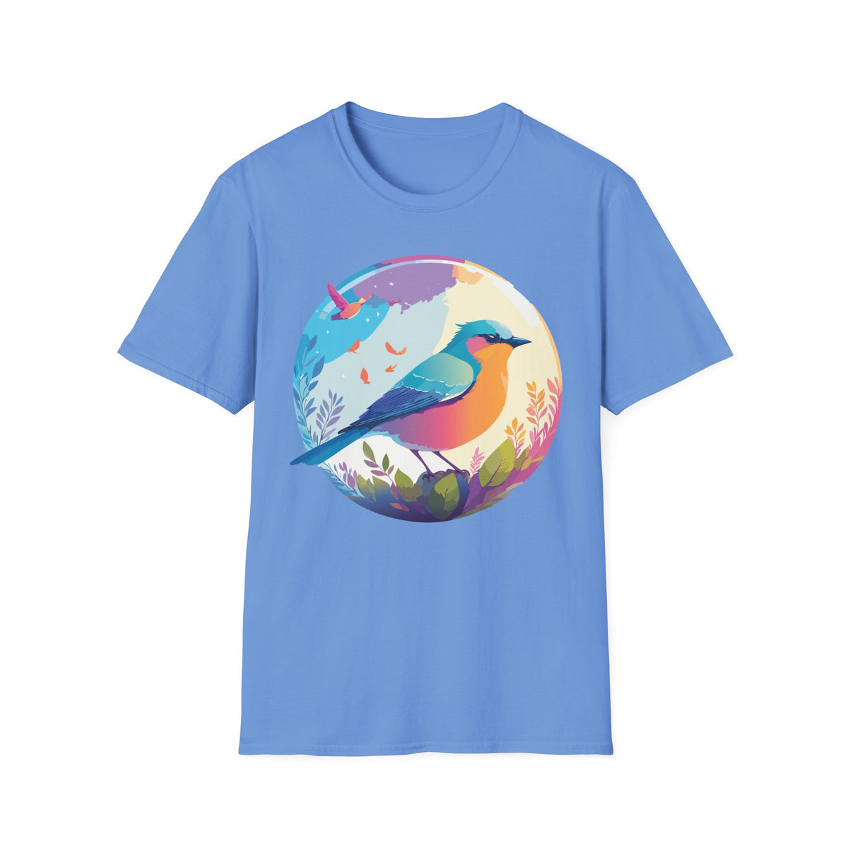 Colorful Bird Illustration T-Shirt | Rainbow Songbird Circle Art
