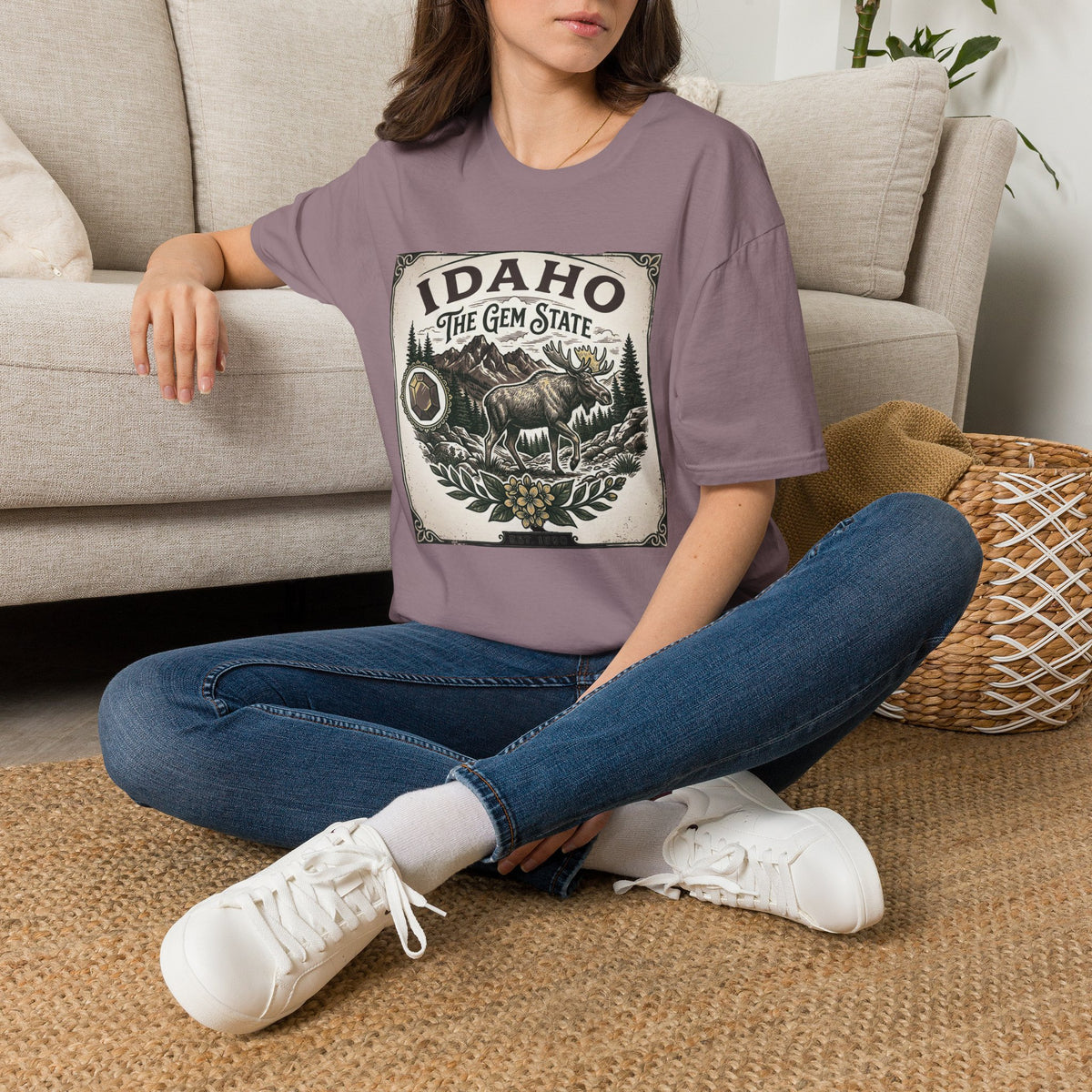Idaho The Gem State Vintage Moose Travel Tourist Graphic Design Unisex 100 Cotton Gildan T-Shirt