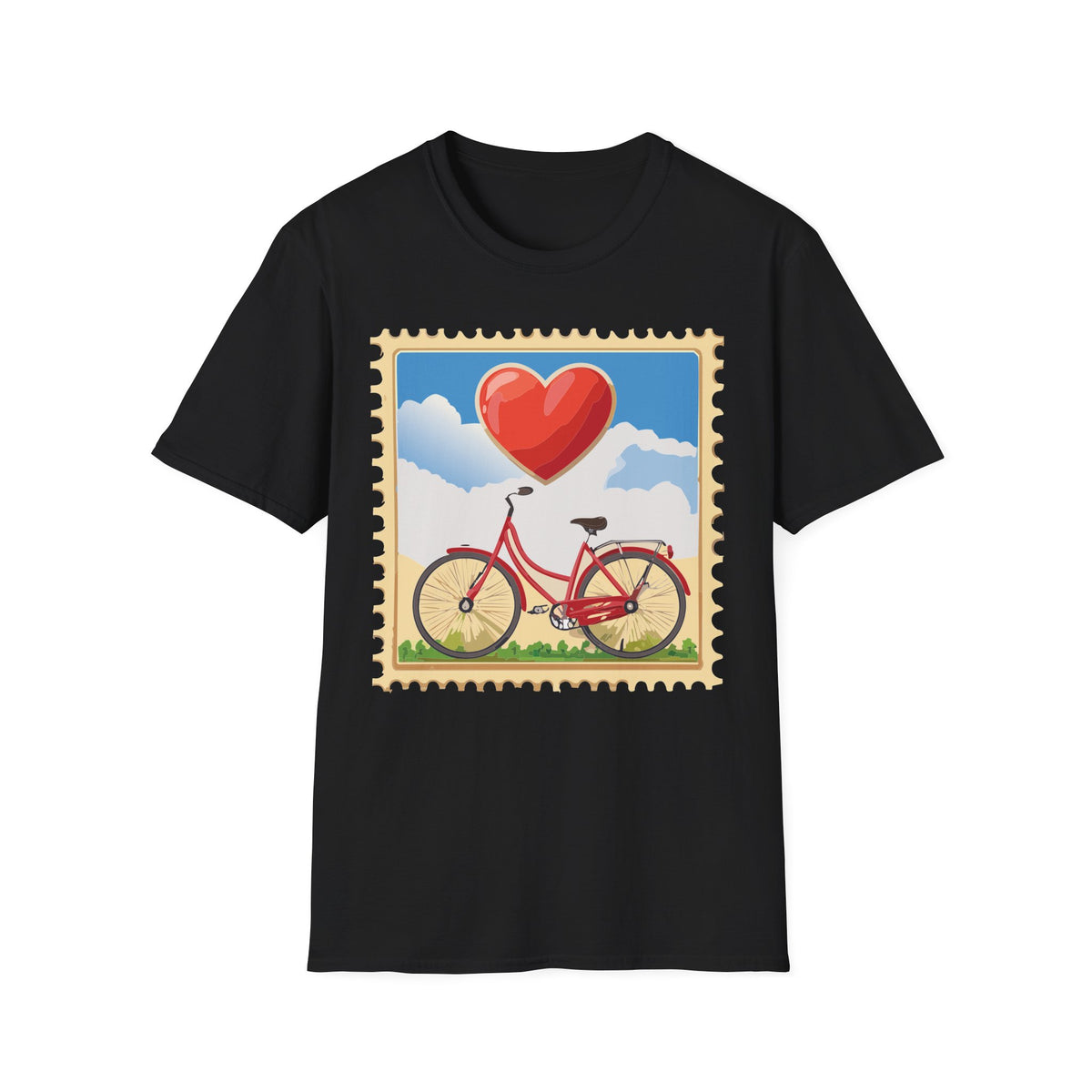 Heart Balloon Bicycle T-Shirt | Retro Stamp Illustration