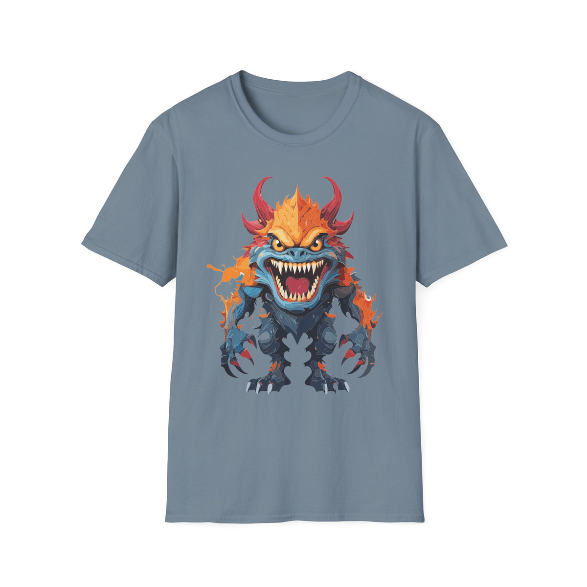 Monster T-Shirt — Fiery Demon Creature Cartoon Graphic Tee Unisex 100 Cotton Gildan T-Shirt