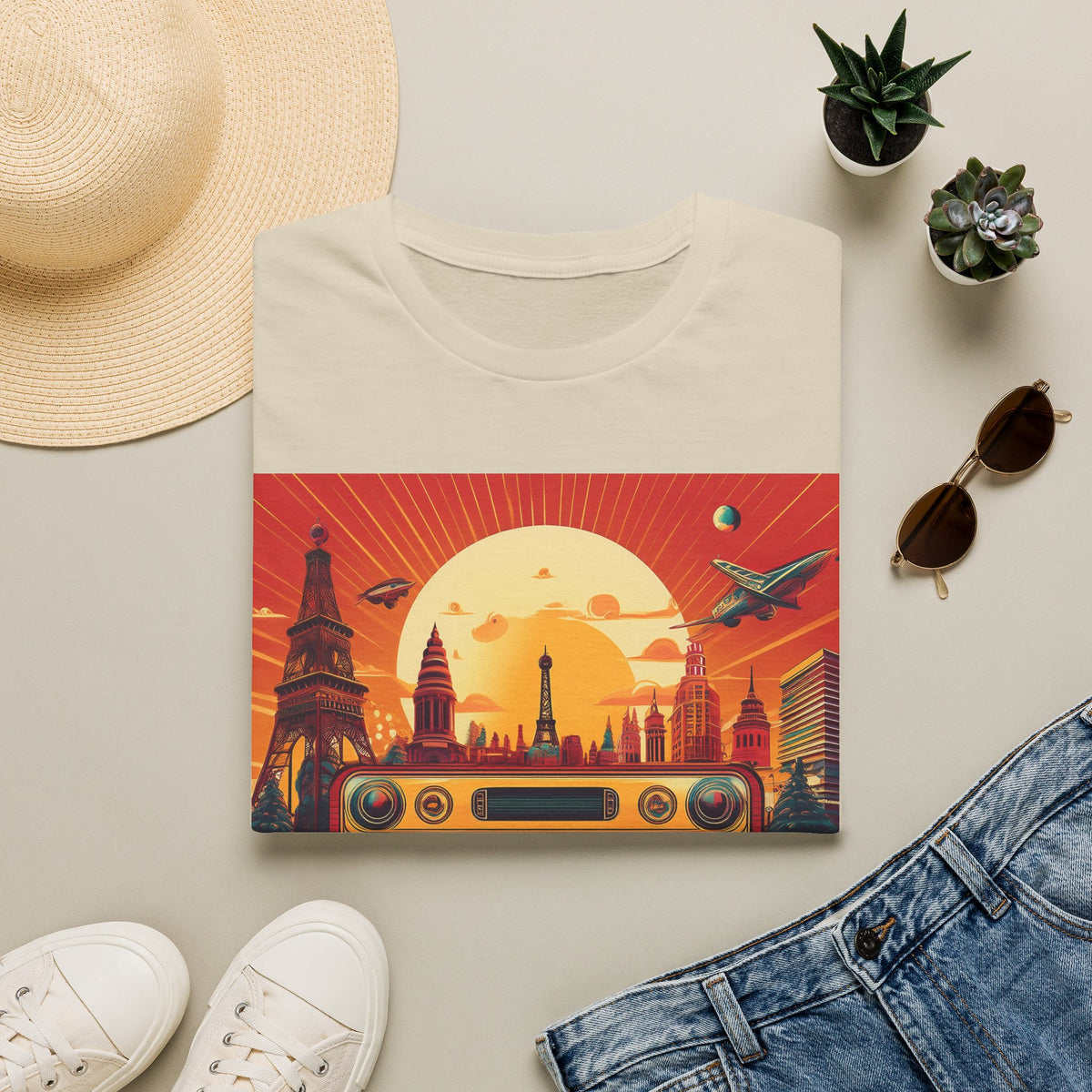 Retro Boombox Sunset Cityscape Graphic Posters, Post Stamps Design Unisex 100 Cotton Gildan T-Shirt
