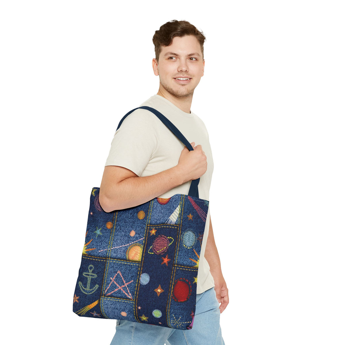 Denim Fabric Imitation Print Unisex Canvas Bag Poly Spun 3 Sizes Tote Bag 183-2