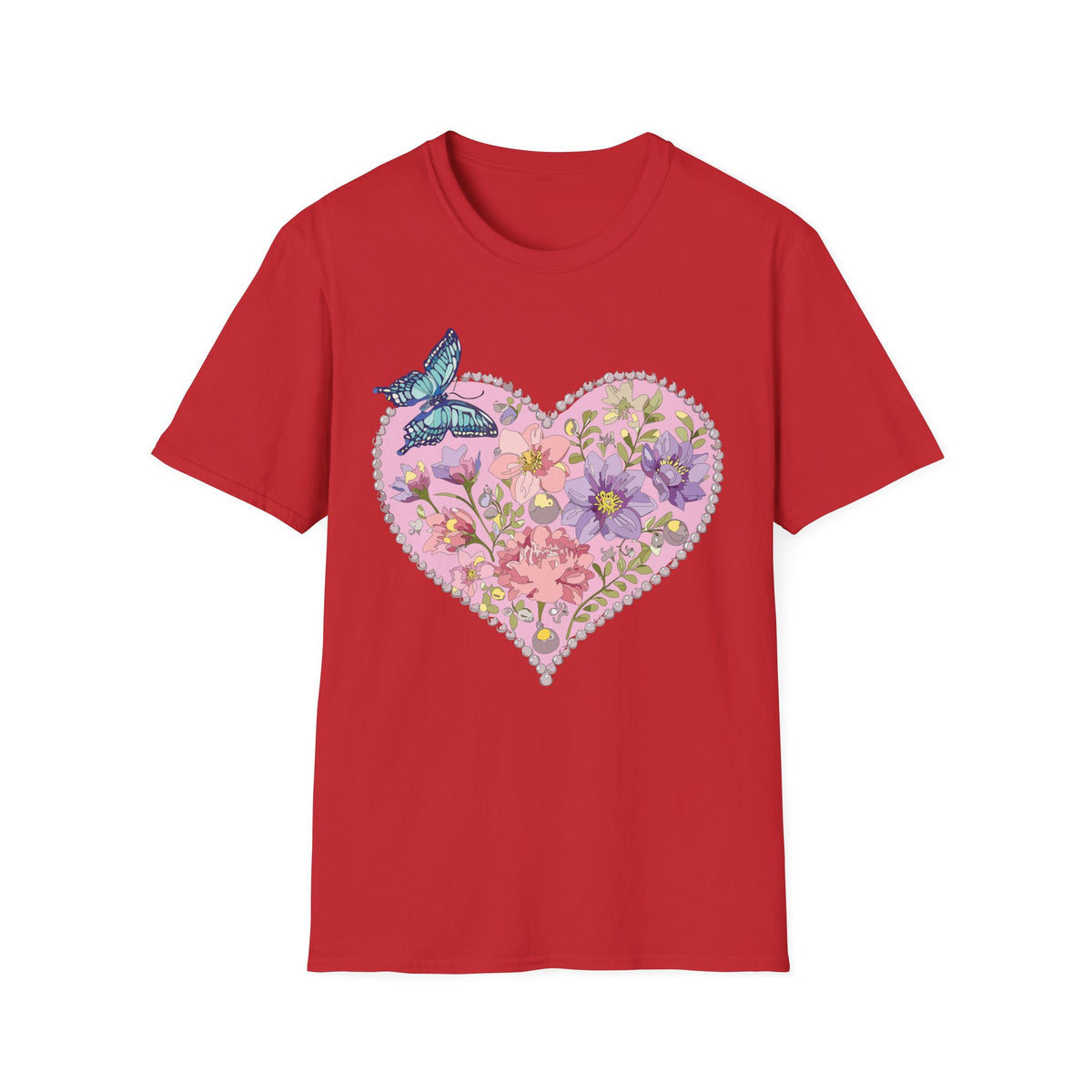 Floral Heart with Butterfly T-Shirt | Botanical Heart Graphic Tee Unisex 100 Cotton Gildan T-Shirt