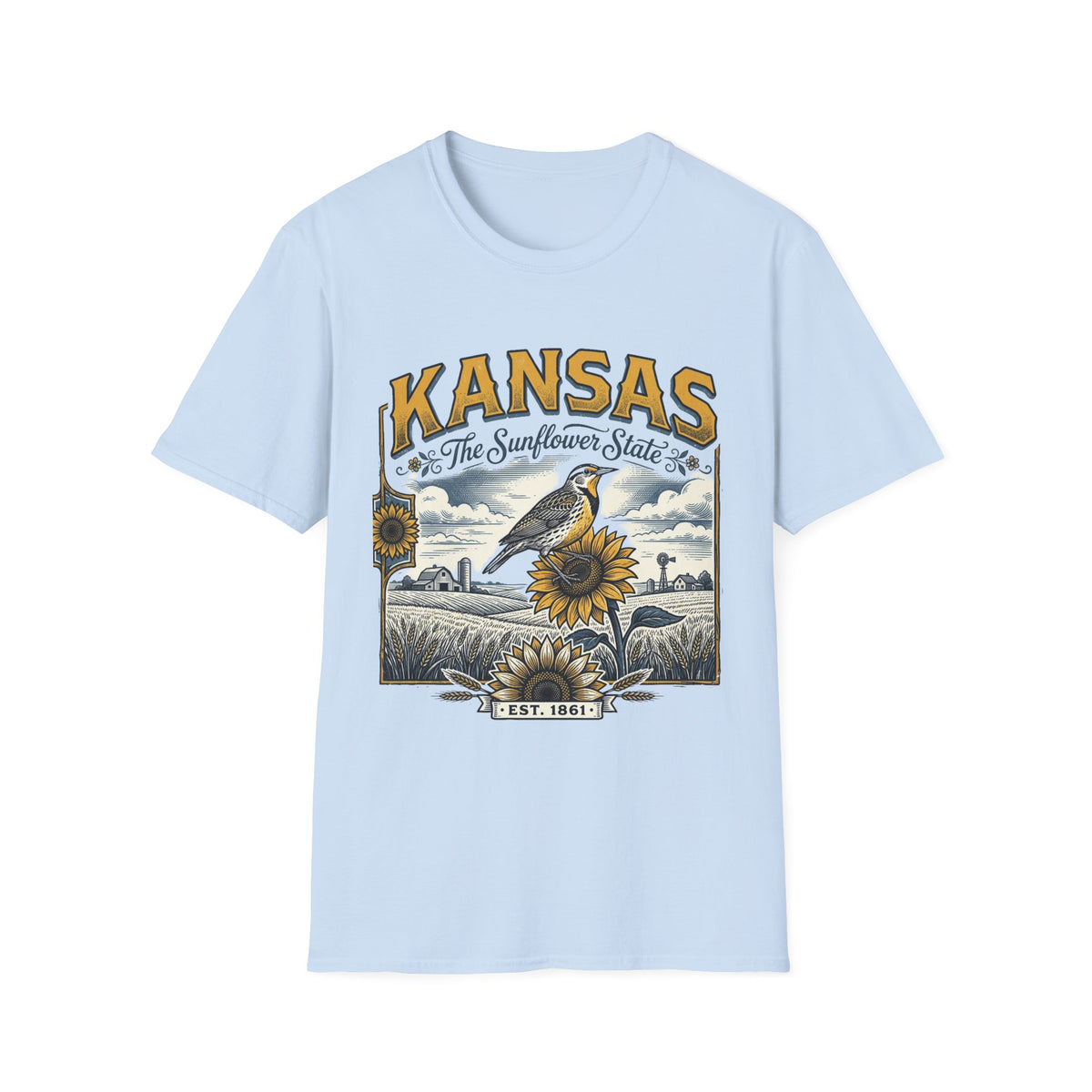 Kansas The Sunflower State T-Shirt | Vintage Meadow Bird Sunflower Design