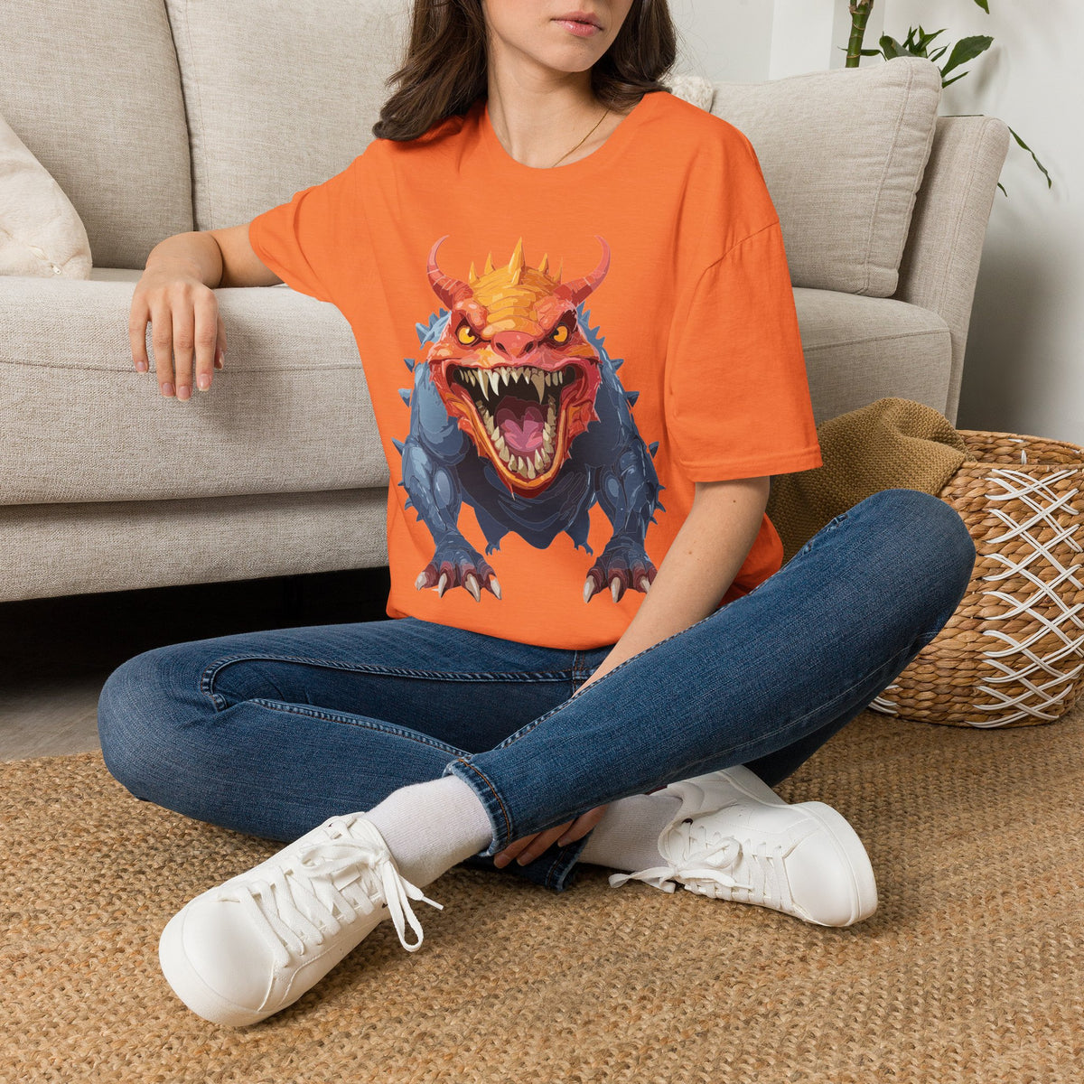 Dragon Monster T-Shirt — Fierce Orange & Blue Fantasy Creature Cartoon Graphic Tee Unisex 100 Cotton Gildan T-Shirt