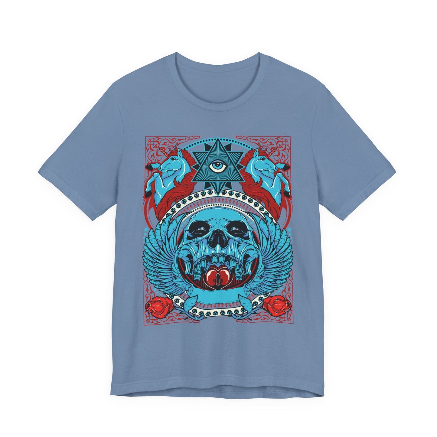 All-Seeing Skull Illustration Tee Winged Skull Third Eye Roses T-Shirt