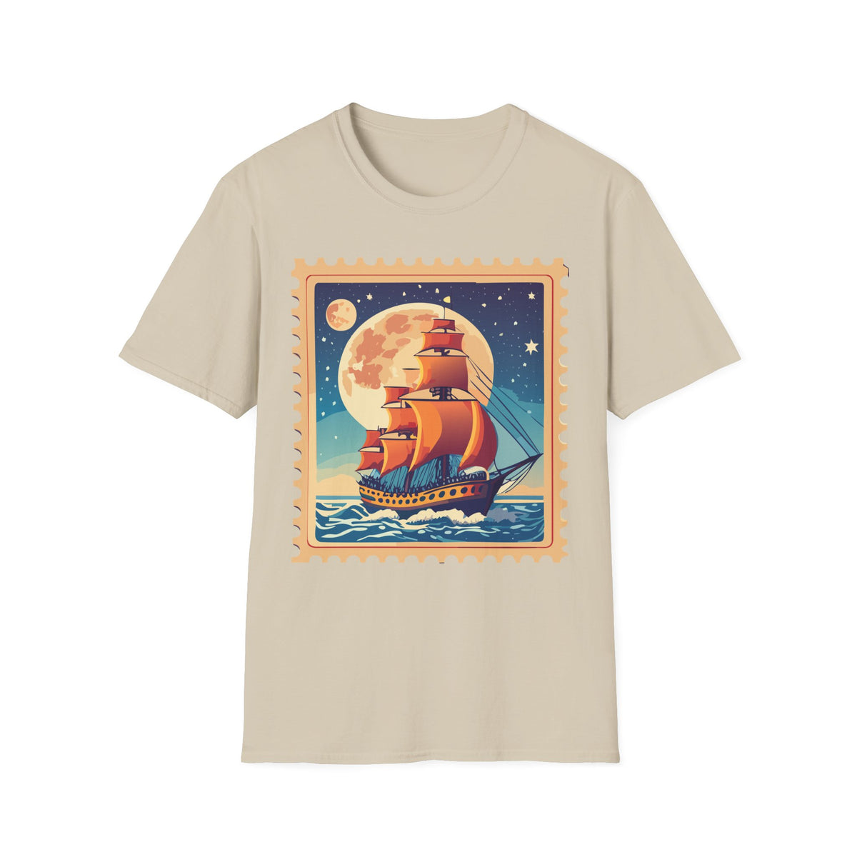 Vintage Sailing Ship T‑Shirt — Nautical Stamp Moonlight Travel Post Graphic Design Unisex 100 Cotton Gildan T-Shirt