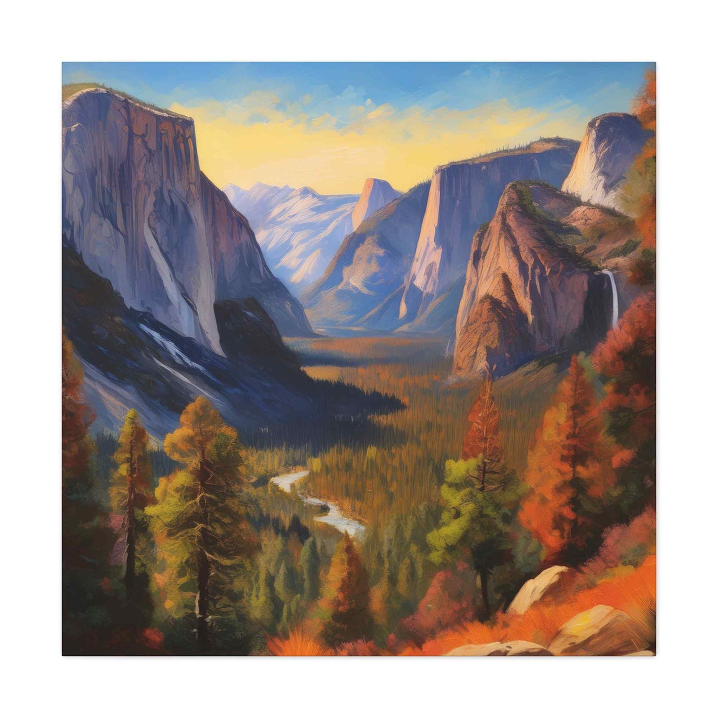 Yosemite Valley Print Canvas, Oil Paint Print 20x20, 24x24, 30x30, 32x32, 36x36 Art Design Print Pine-Wood Inner Frame MC-61