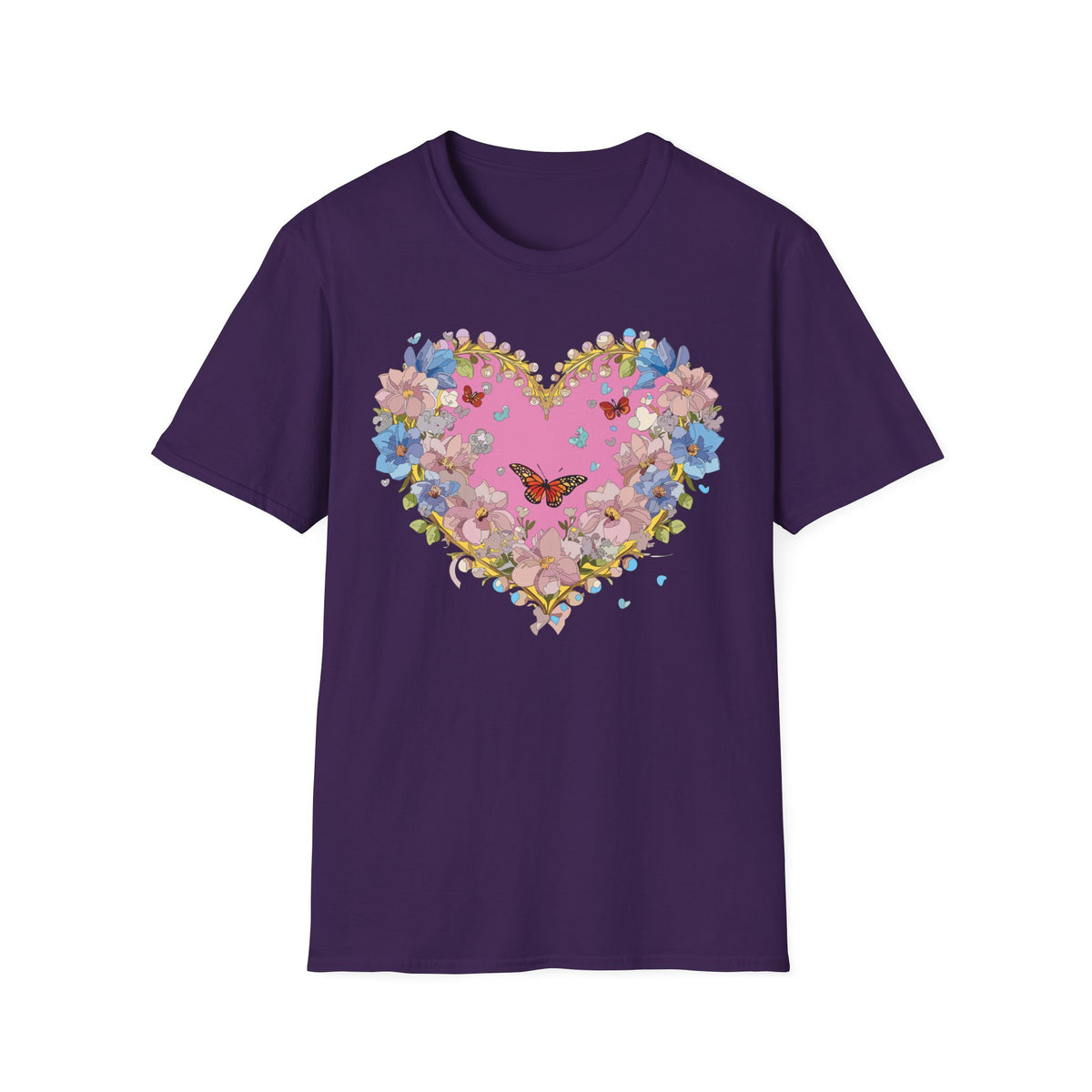 Floral Heart with Butterfly T-Shirt | Pink Bloom Love Graphic Tee Unisex 100 Cotton Gildan T-Shirt