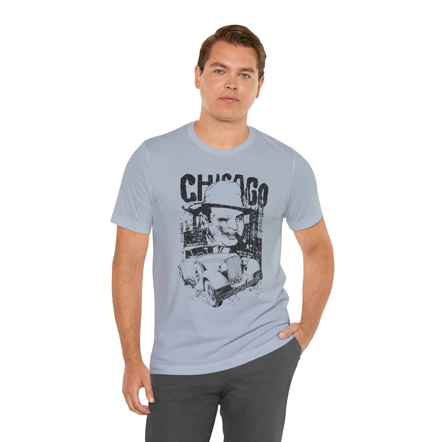 Chicago Retro Mobster Illustration Tee Vintage Car Cityscape Art Design T-Shirt A-8