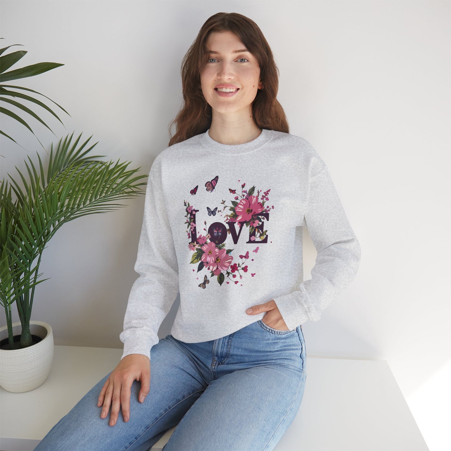 Unisex Floral Love Sweatshirt, Love Floral Sweatshirt, Floral Butterfly Sweatshirt, 50/50 Cotton-Poly Valentine's Day Sweatshirt 05