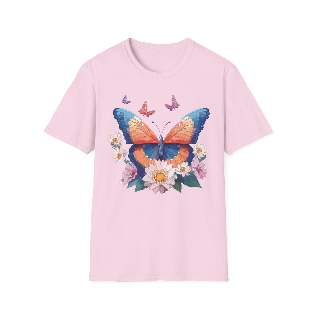 Butterfly Floral T-Shirt – Vibrant Orange & Blue Butterfly with Flowers Graphic Tee Unisex 100 Cotton Gildan T-Shirt