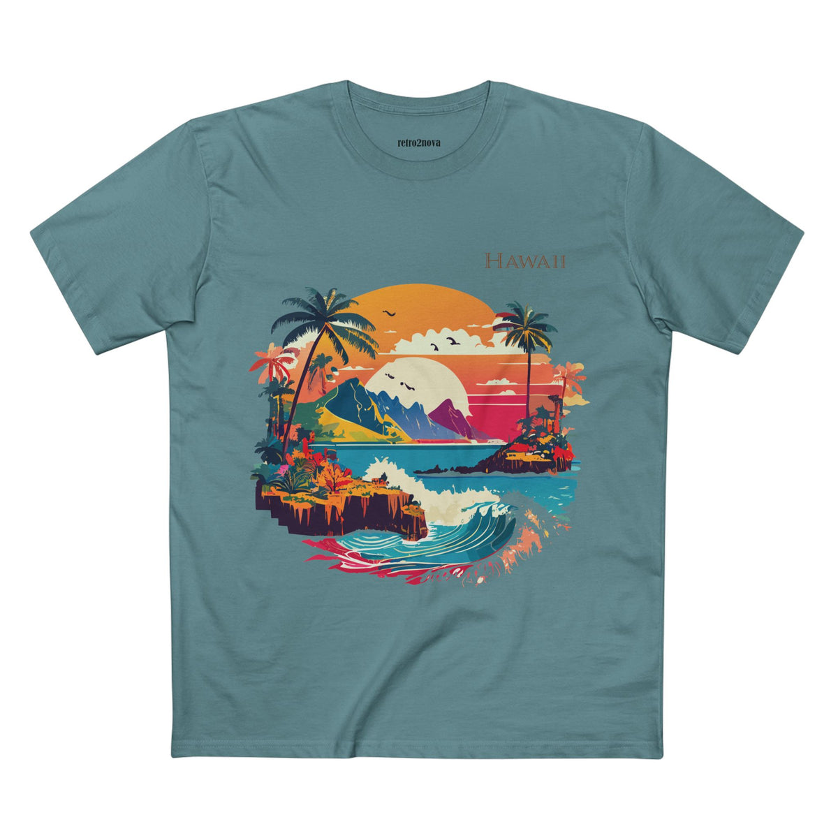 Hawaii Retro Sunset Surf Scene T-Shirt | Tropical Island Palm Beach Tee