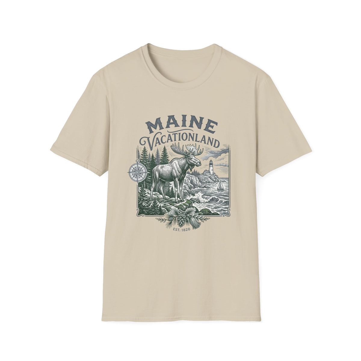 Maine Vacationland T-Shirt – Vintage Moose, Lighthouse State Travel Travel Tourist Graphic Design Unisex 100 Cotton Gildan T-Shirt