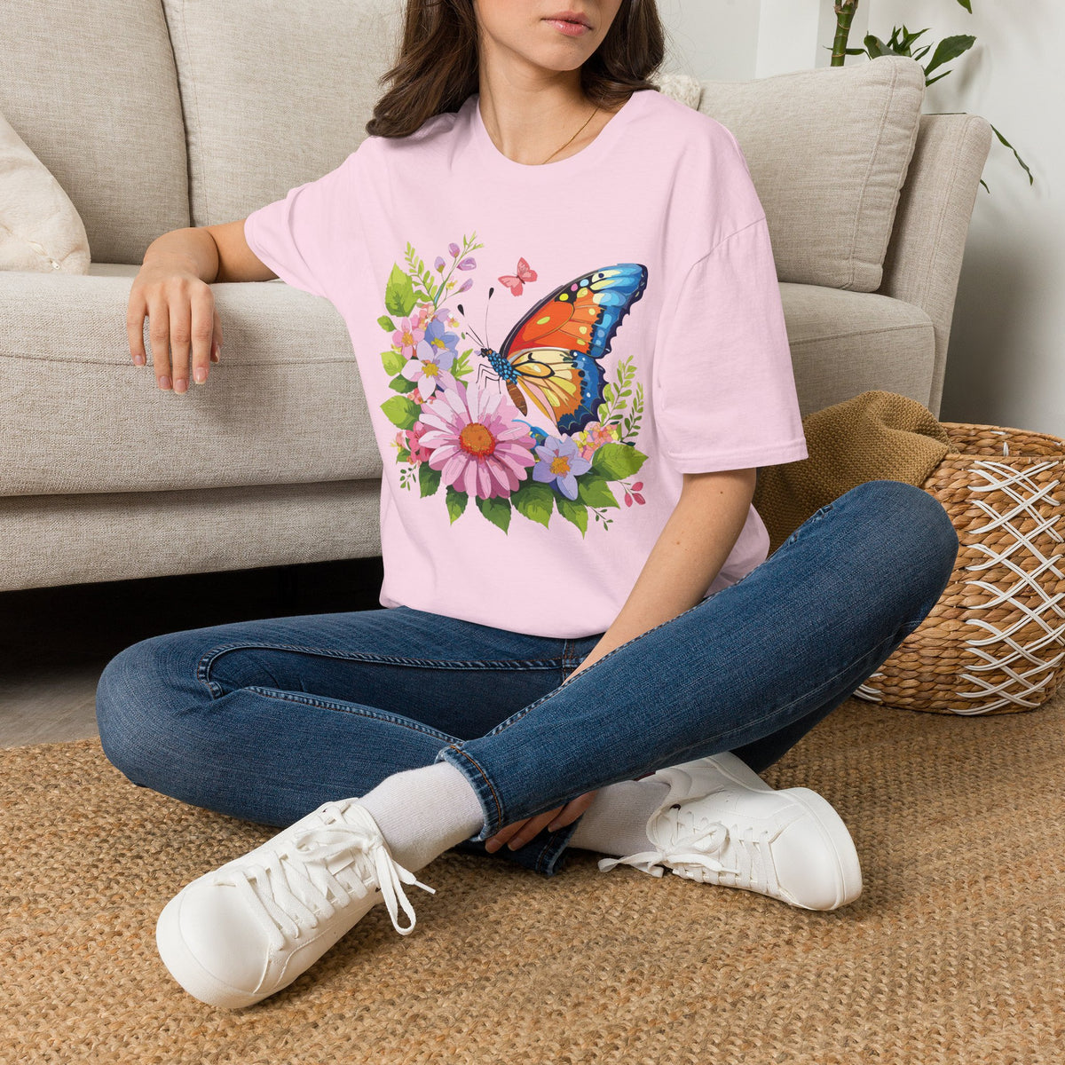 Butterfly Floral T-Shirt — Colorful Monarch & Spring Flowers Graphic Tee Unisex 100 Cotton Gildan T-Shirt