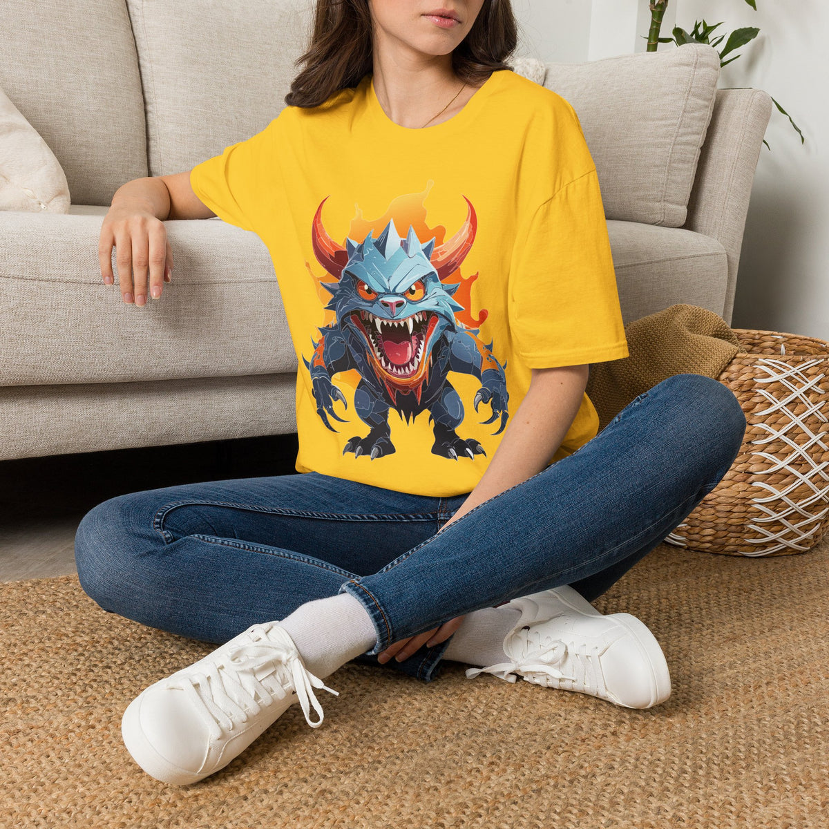 Monster Dragon T-Shirt — Fierce Fire-Breathing Creature Cartoon Graphic Tee Unisex 100 Cotton Gildan T-Shirt