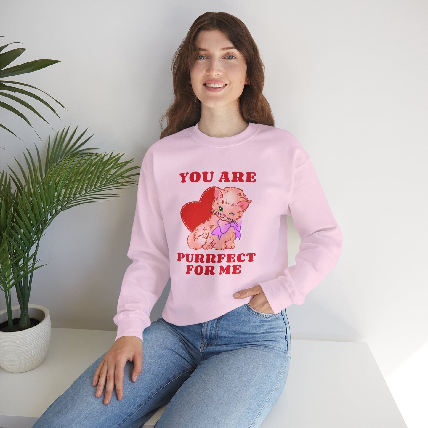 Cat Heart Sweatshirt Unisex Valentines Day Fifty Fifty Cotton Poly Blend Crewneck