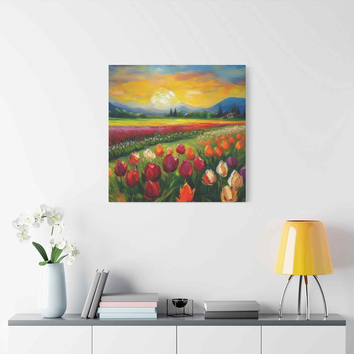 Tulips Fields Print Canvas, Floral Oil Paint Print 20x20, 24x24, 30x30, 32x32, 36x36 Art Design Pine-Wood Inner Frame MC-149