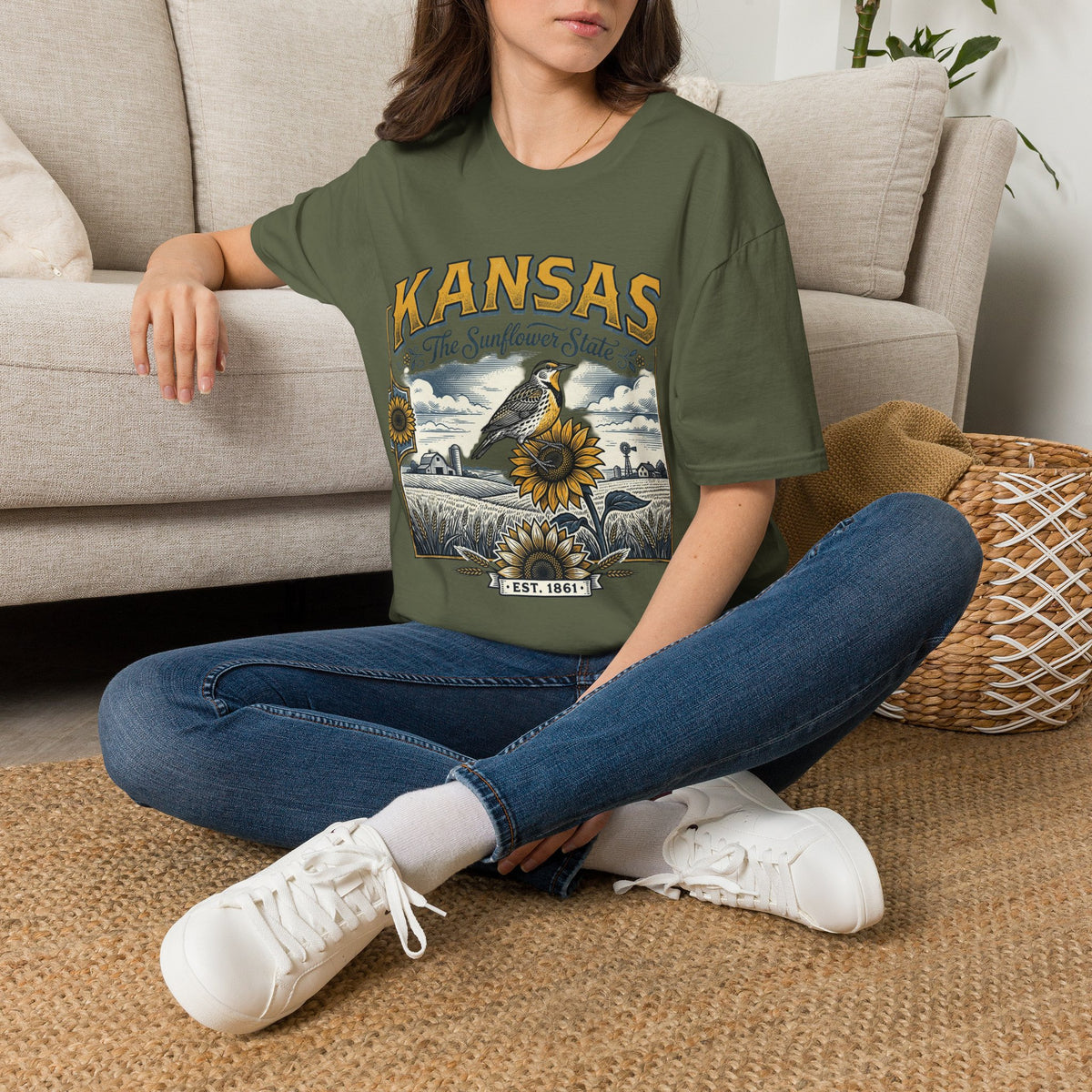 Kansas The Sunflower State T-Shirt | Vintage Meadow Bird Sunflower Design