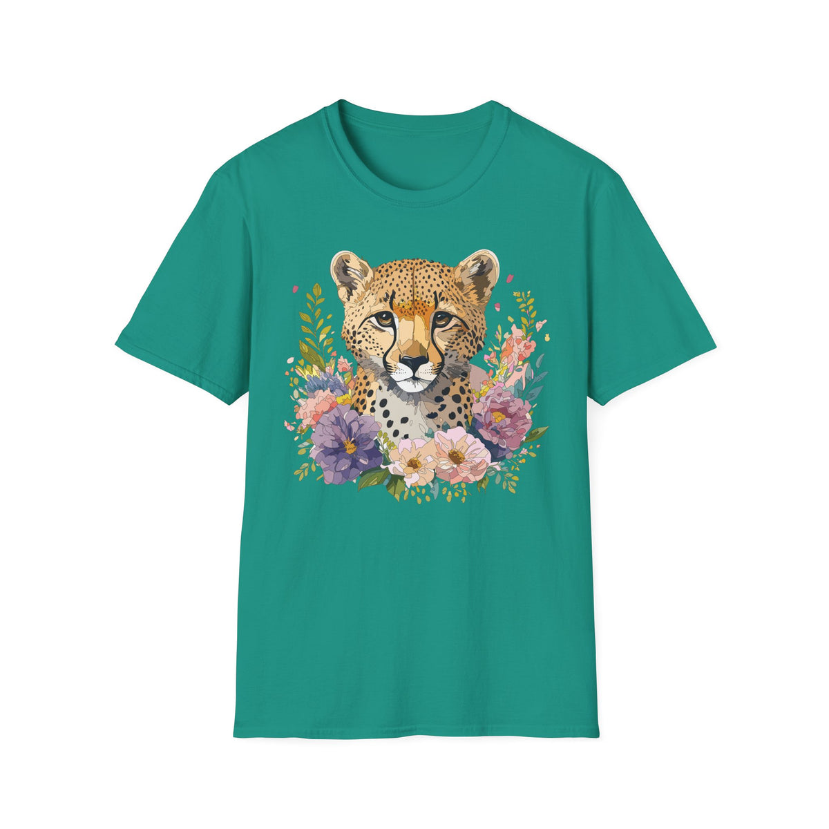 Floral Cheetah Face T-Shirt | Leopard Portrait Tee, Botanical Illustration