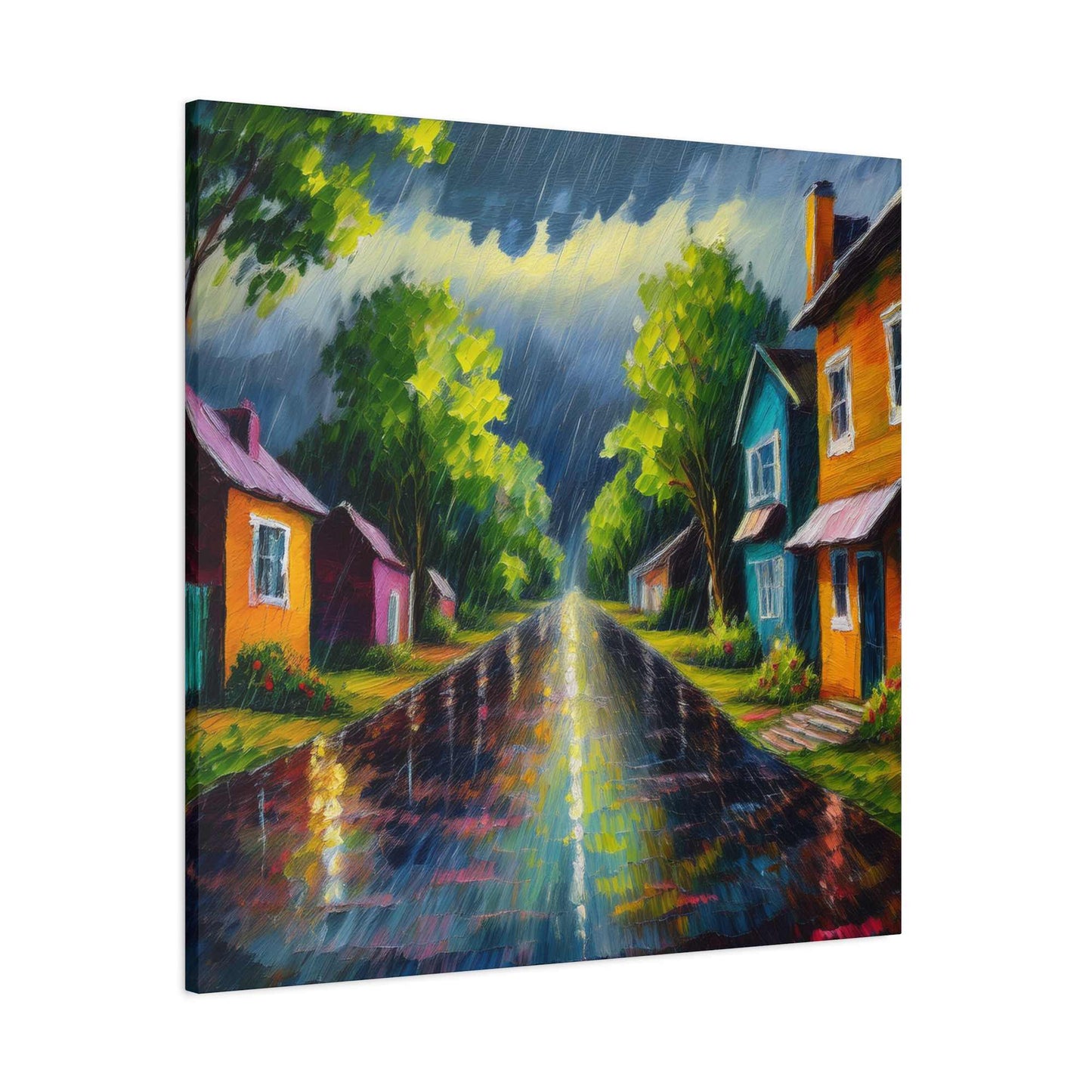 Rainy Village Street Canvas, Matte Oil Paint Print 20x20, 24x24, 30x30, 32x32, 36x36, Art Design Print Non-Frame MC-2