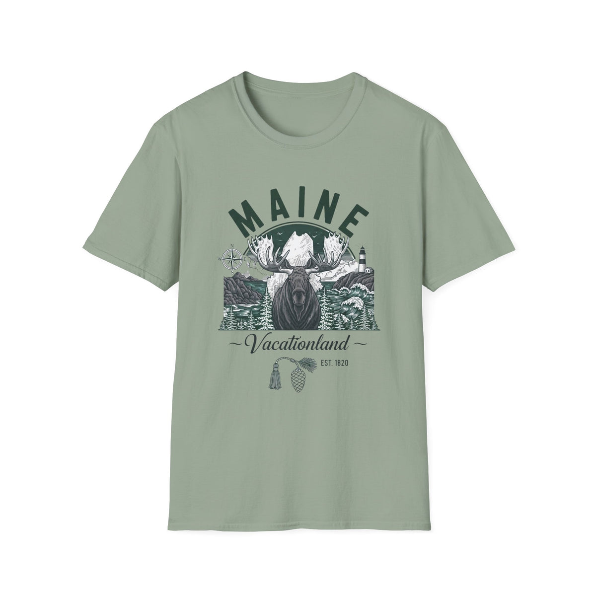 Maine Vacationland Moose T-Shirt — Rustic Coastal State Pride Tee Travel Tourist Graphic Design Unisex 100 Cotton Gildan T-Shirt