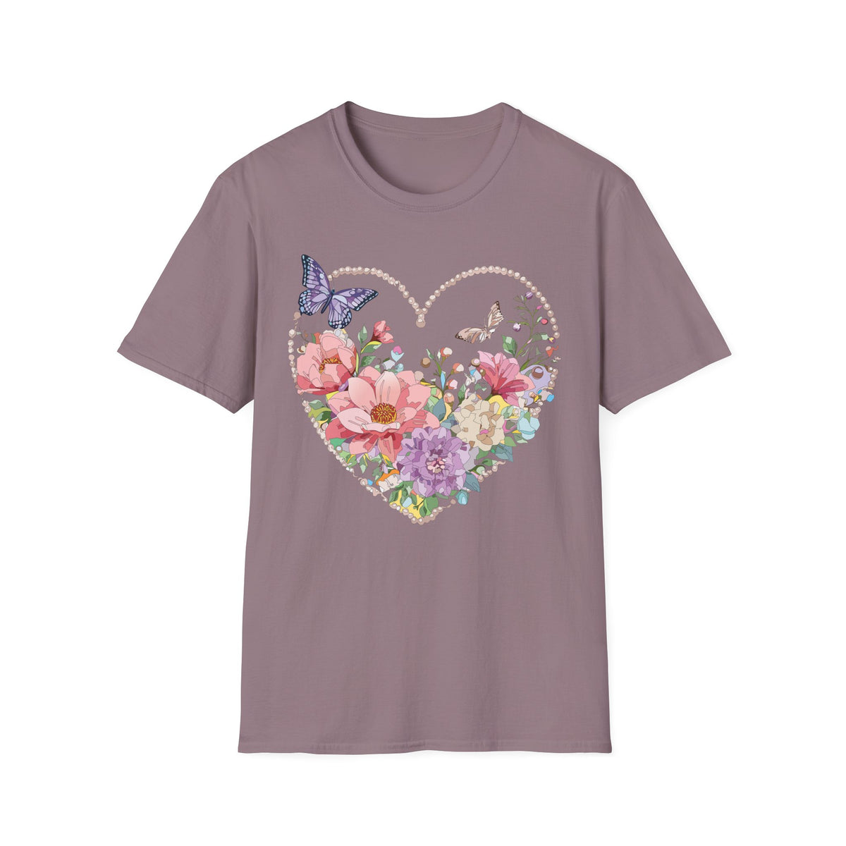 Floral Heart with Butterflies T-Shirt | Romantic Spring Garden Graphic Tee Unisex 100 Cotton Gildan T-Shirt