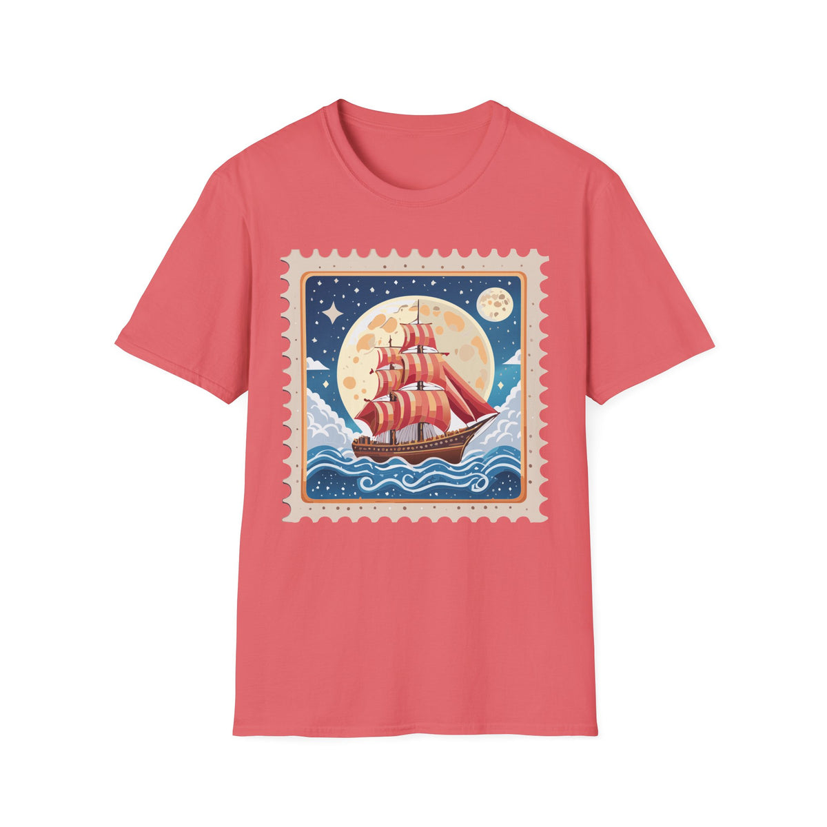 Red Sail Ship Moon Stamp T-Shirt | Nautical Vintage Illustration