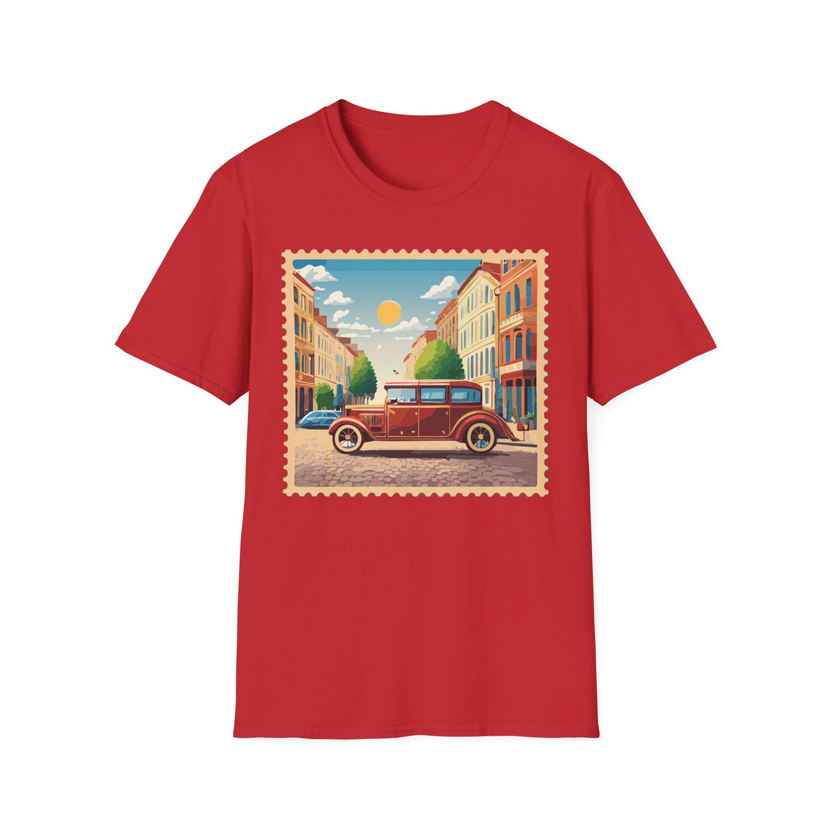 Vintage City Street Illustration T-Shirt | Retro Car, Sunny Urban Graphic Tee Unisex 100 Cotton Gildan T-Shirt