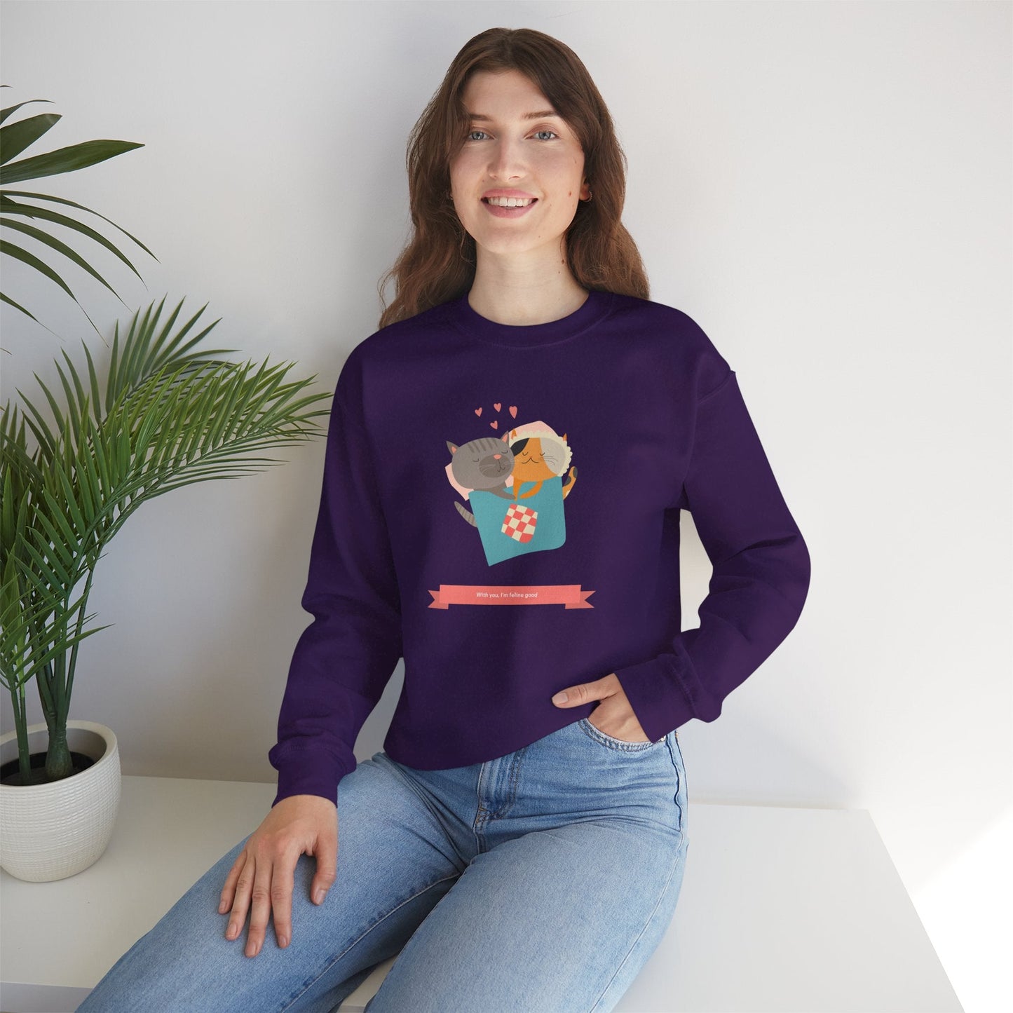 Cat Heart Sweatshirt Unisex Valentines Day 50 50 Cotton Poly Crewneck Gildan 18000