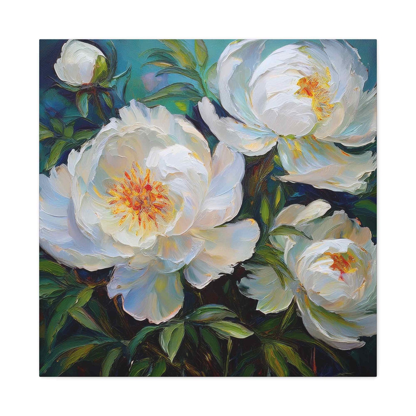 White Peonies Print Canvas, Floral Oil Paint Print 20x20, 24x24, 30x30, 32x32, 36x36 Art Design Pine-Wood Inner Frame MC-119
