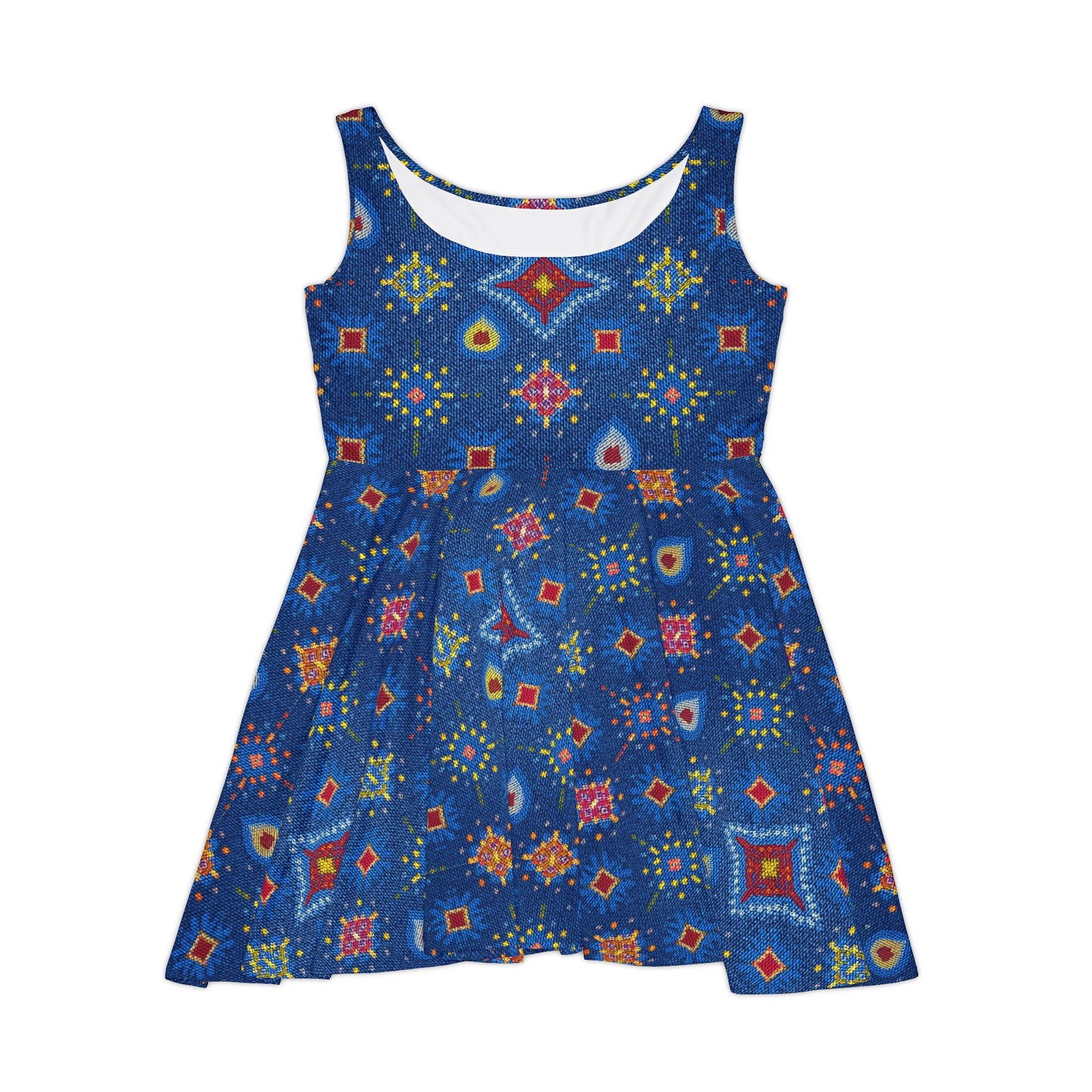 Women Diwali Denim Print Skater Dress, Denim Print Poly-Span Dress - 45