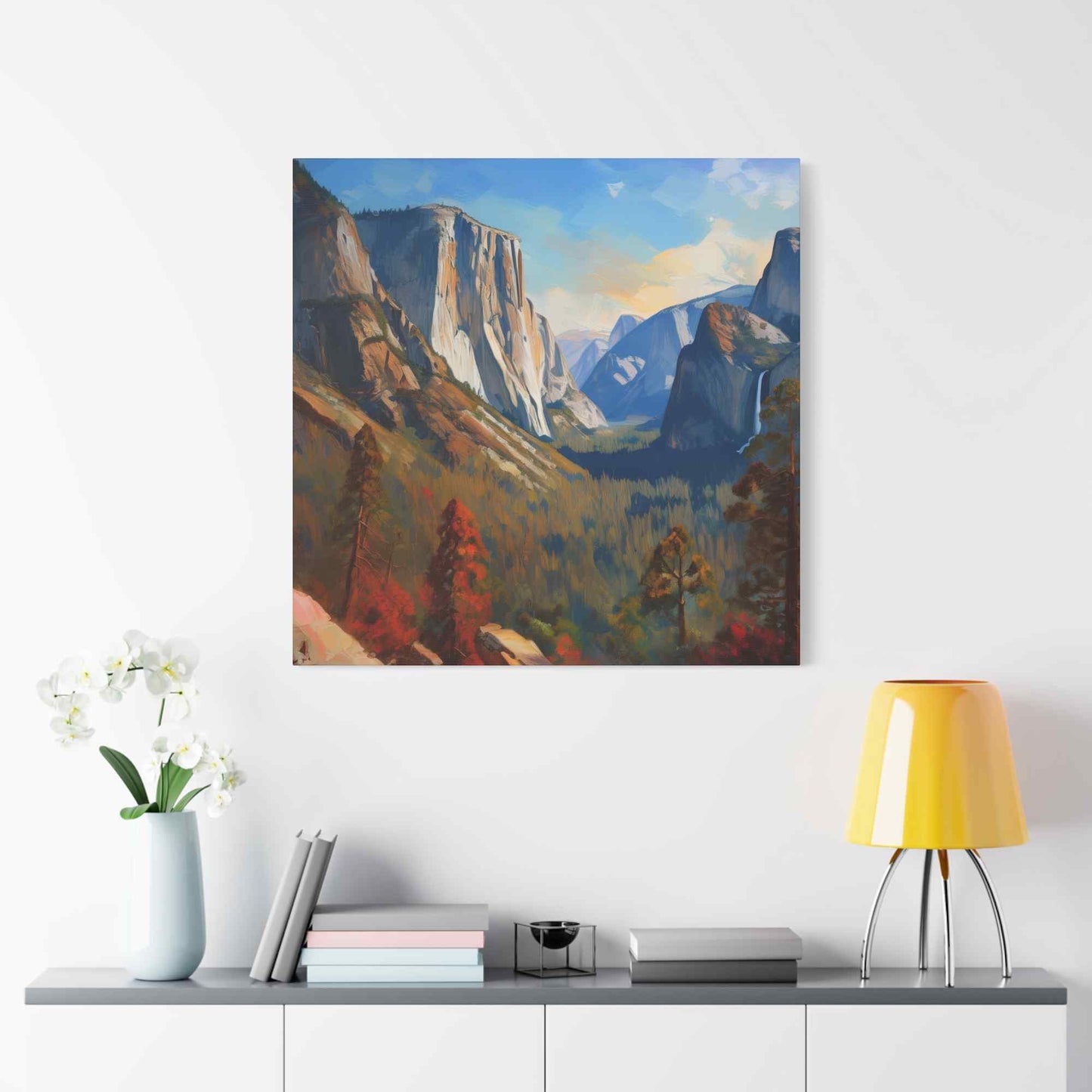 Yosemite valley Print Canvas, Oil Paint Print 20x20, 24x24, 30x30, 32x32, 36x36 Art Design Print Pine-Wood Inner Frame MC-59