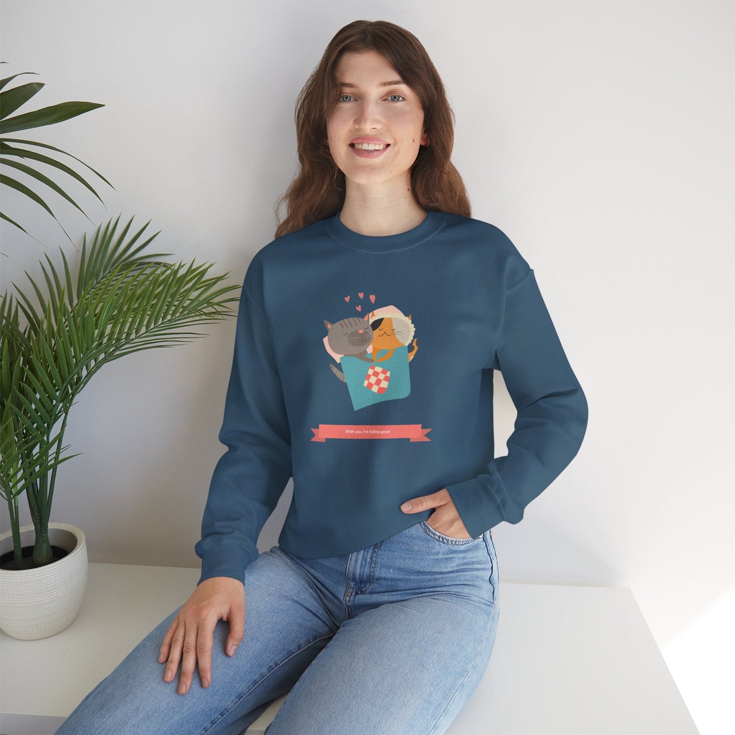 Cat Heart Sweatshirt Unisex Valentines Day 50 50 Cotton Poly Crewneck Gildan 18000